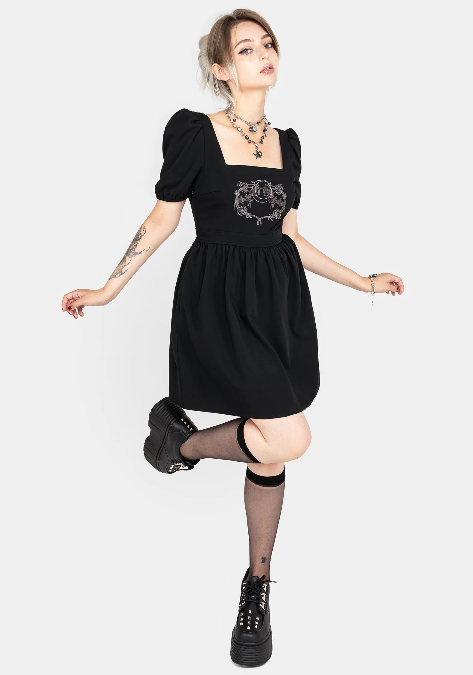 Vampyrum Bat Embroidered Puff Sleeve Mini Dress - Image 7