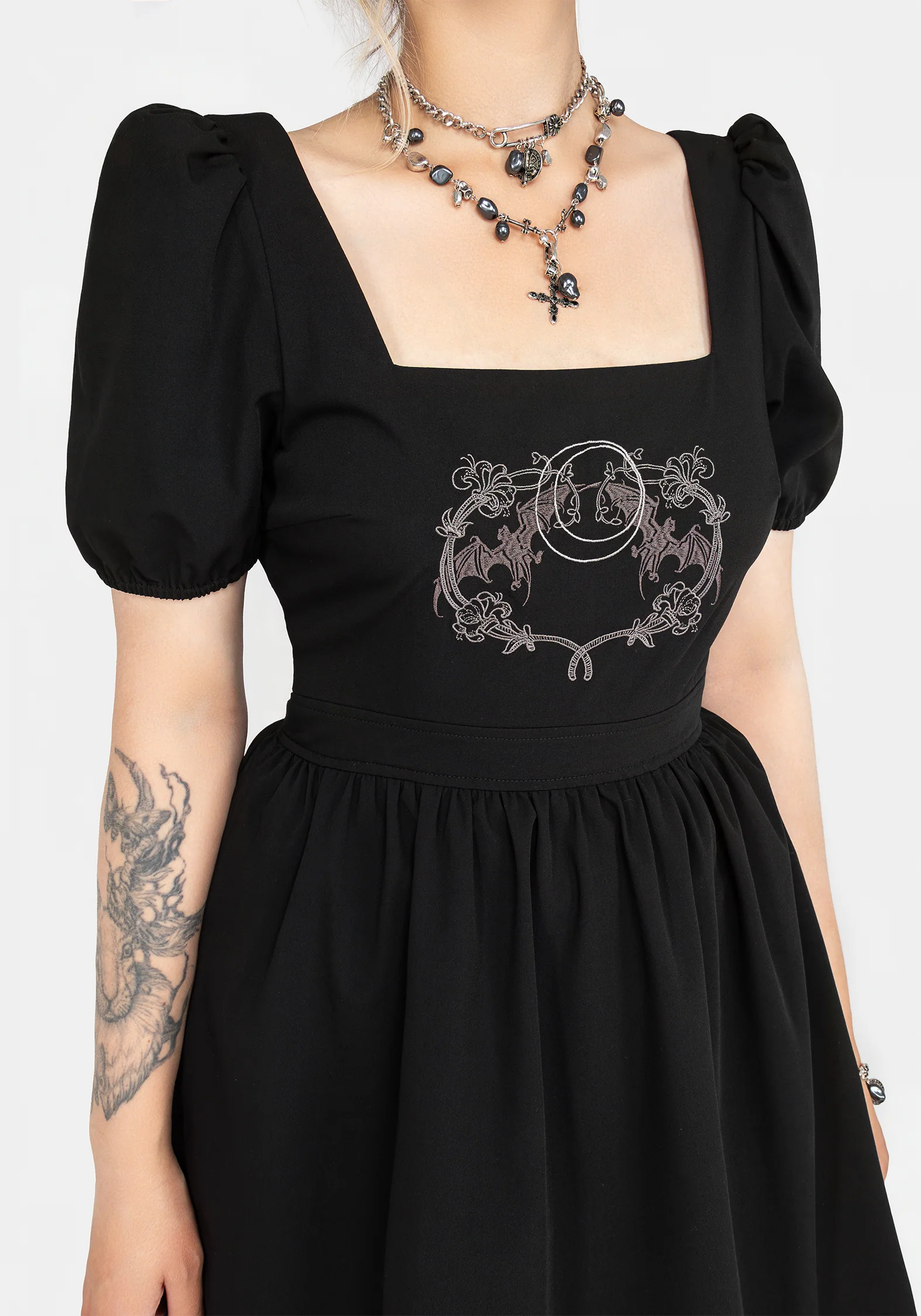 Vampyrum Bat Embroidered Puff Sleeve Mini Dress - Image 8