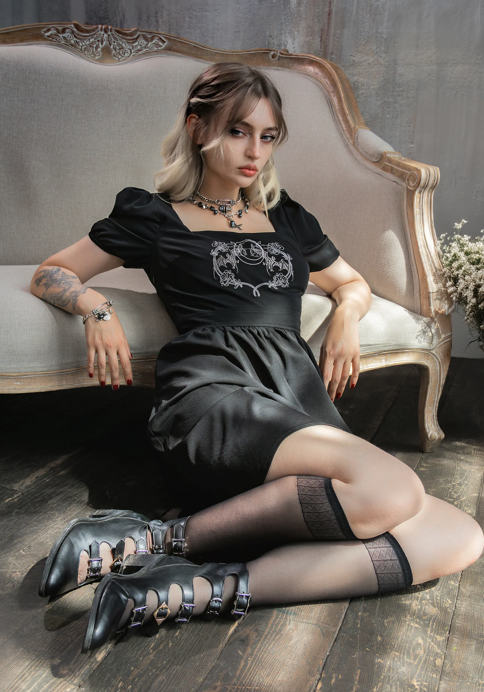 Vampyrum Bat Embroidered Puff Sleeve Mini Dress - Image 9