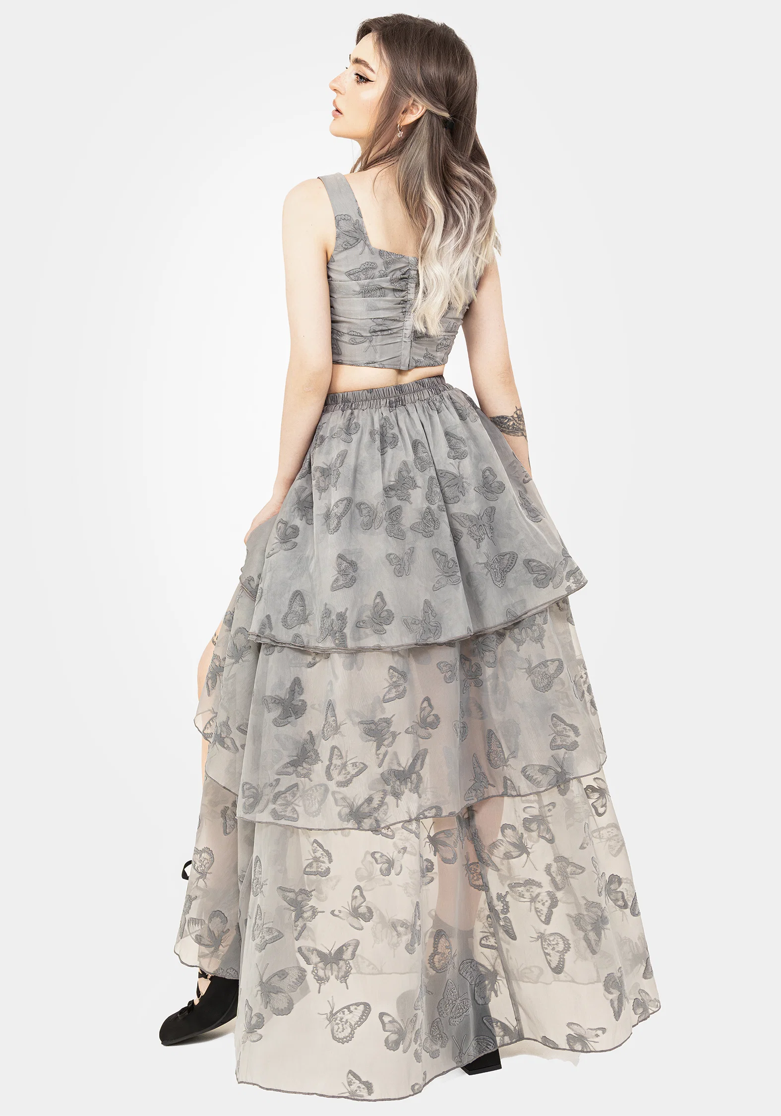 Vanessa Butterfly Print Organza Front Split Tiered Maxi Skirt - Image 3