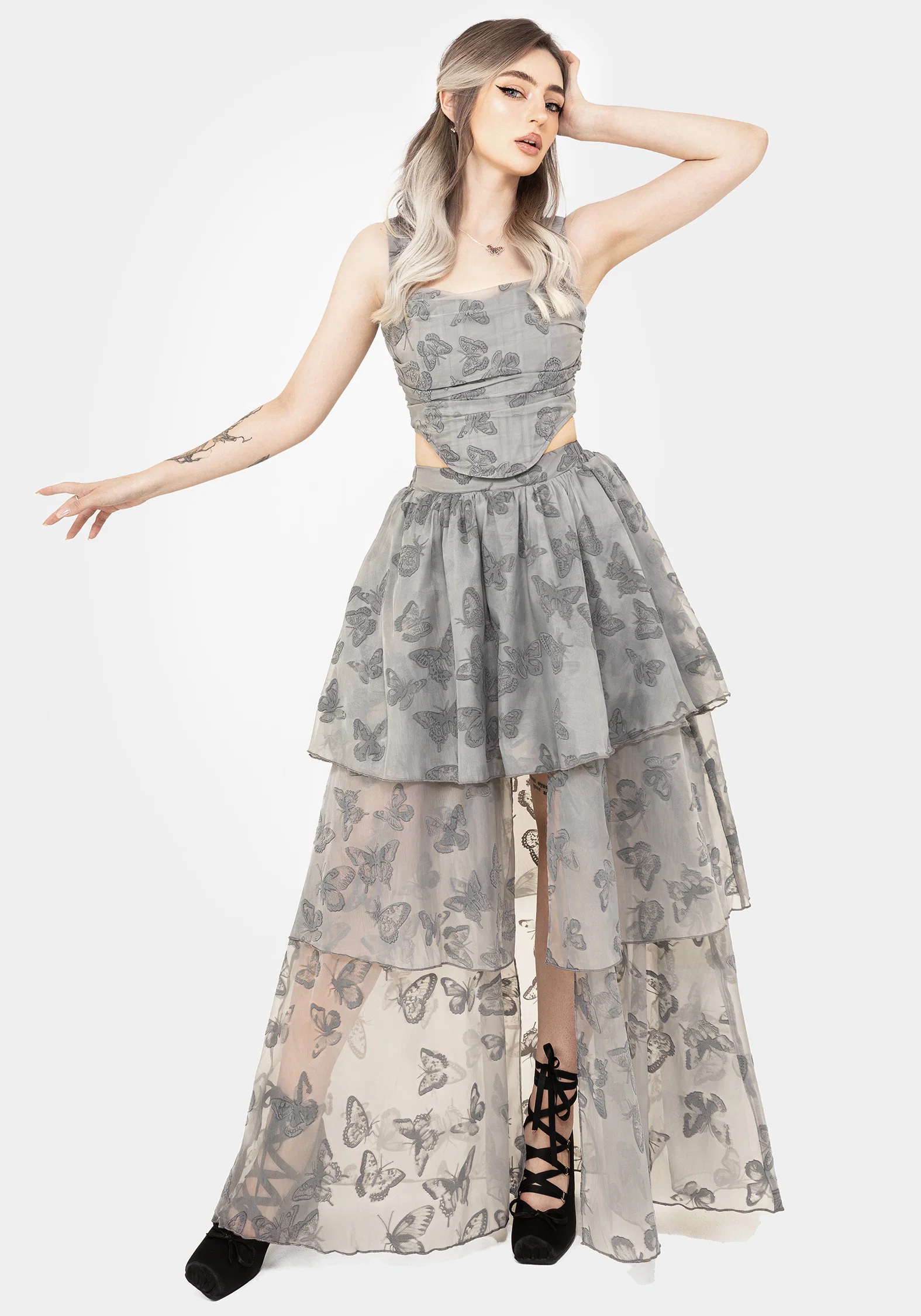 Vanessa Butterfly Print Organza Front Split Tiered Maxi Skirt - Image 4