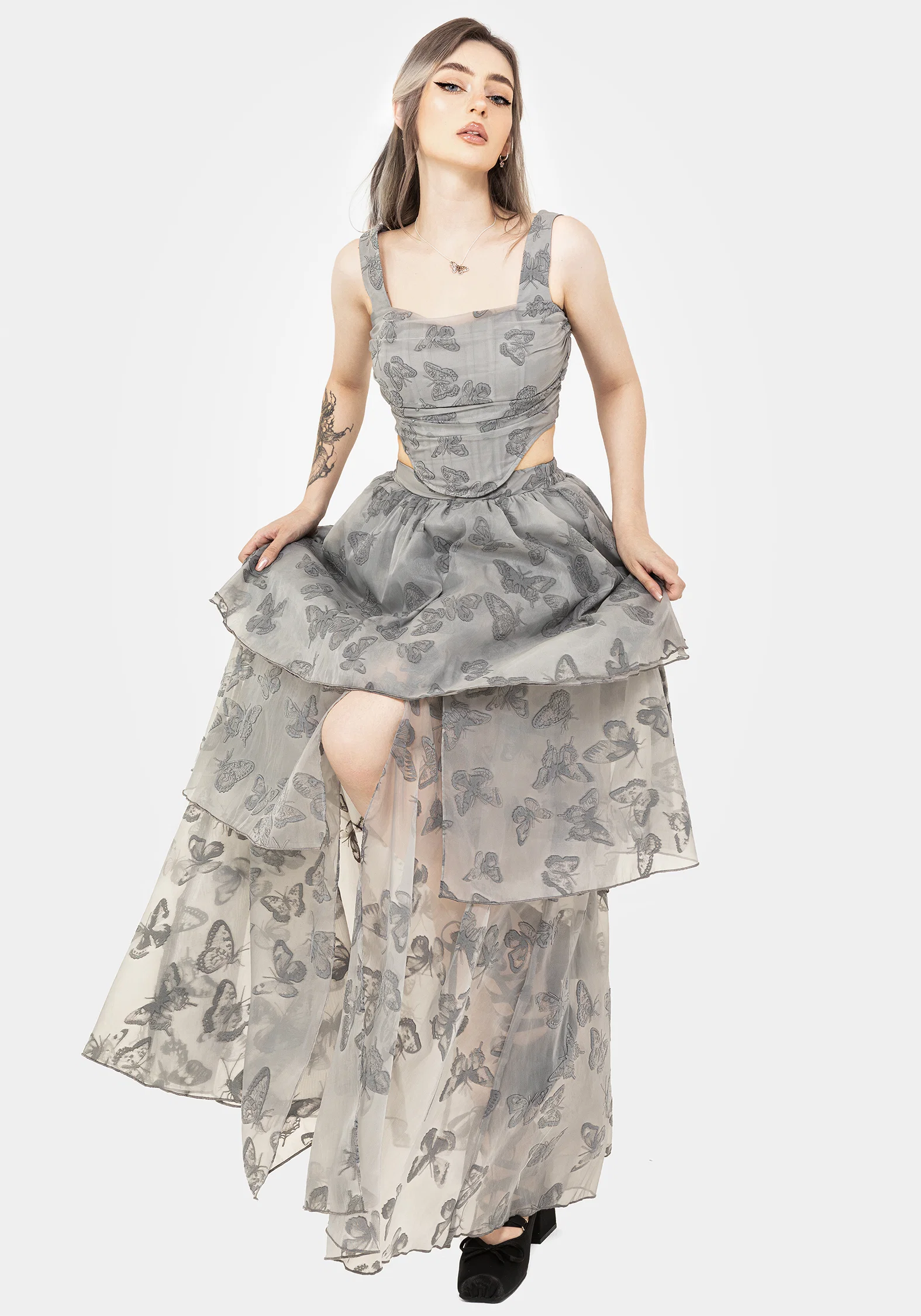 Vanessa Butterfly Print Organza Front Split Tiered Maxi Skirt - Image 5