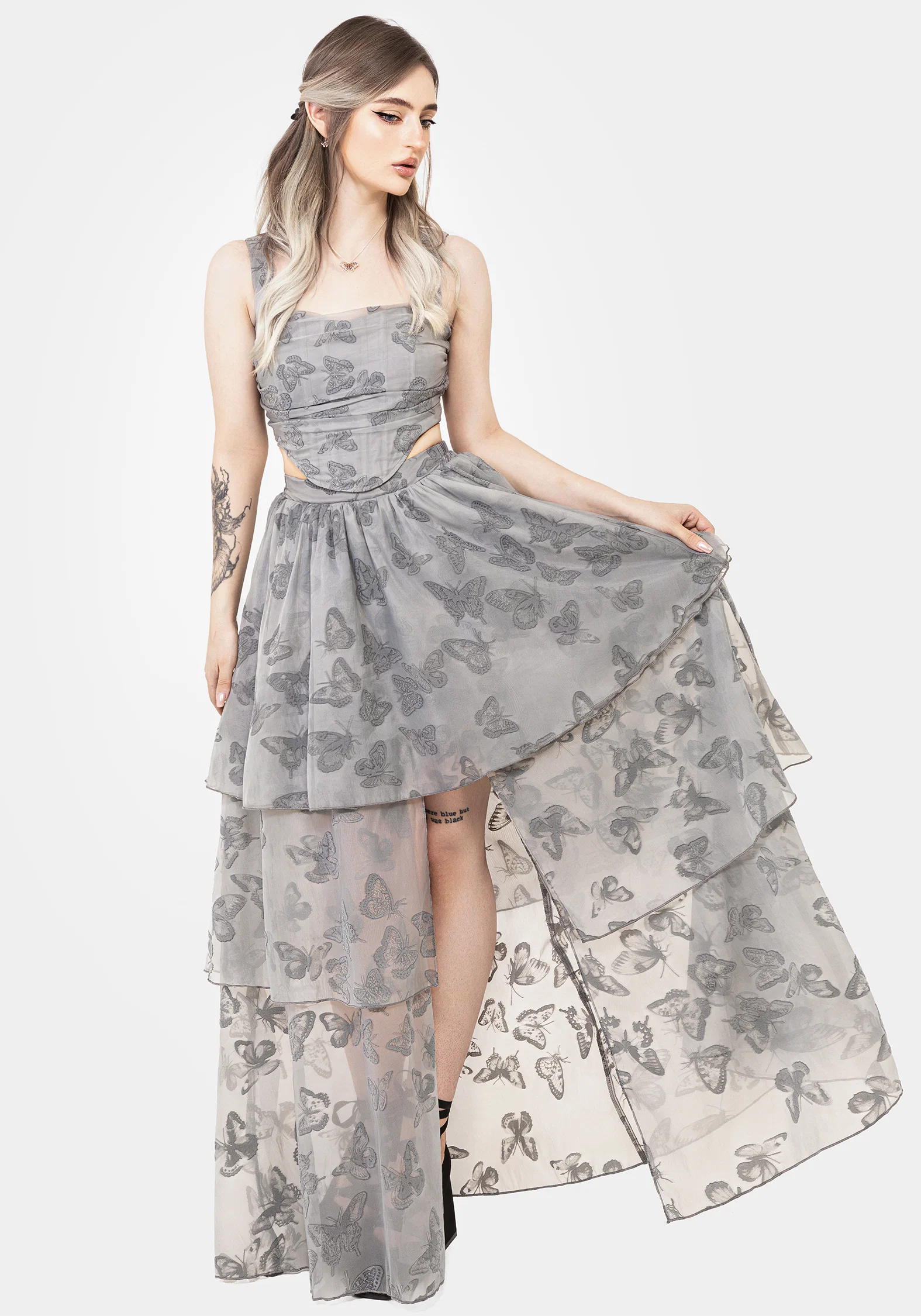 Vanessa Butterfly Print Organza Front Split Tiered Maxi Skirt - Image 7