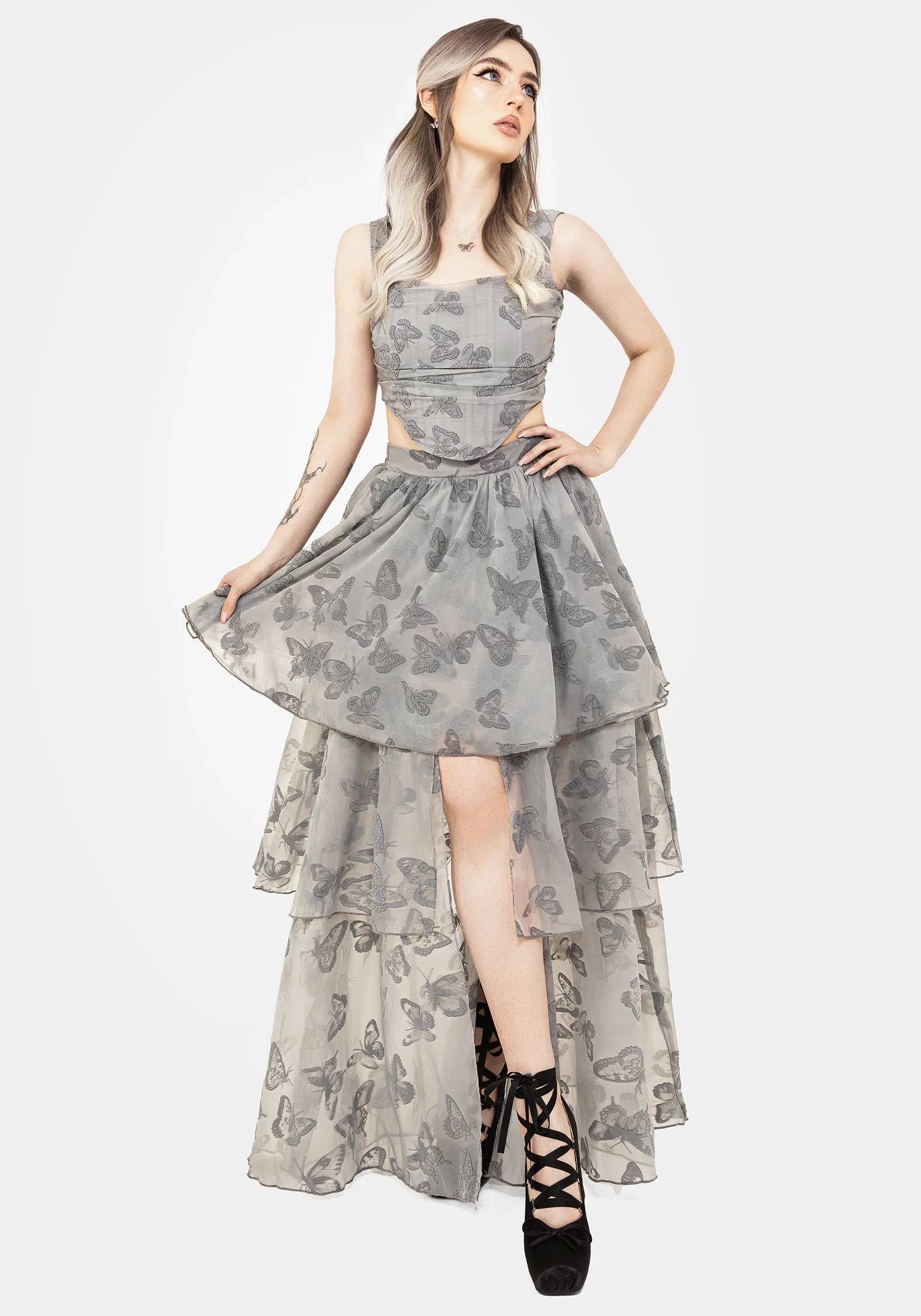 Vanessa Butterfly Print Organza Front Split Tiered Maxi Skirt - Image 8
