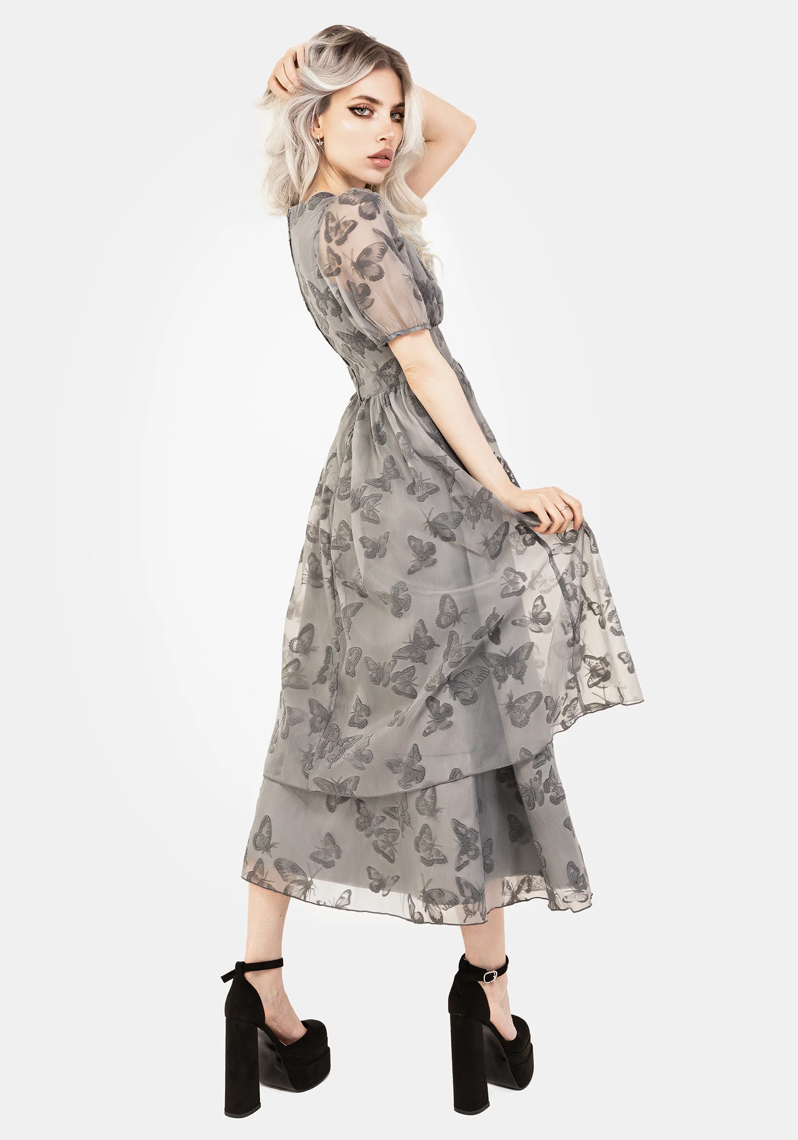 Vanessa Butterfly Print Organza Puff Sleeve Midaxi Dress - Image 3