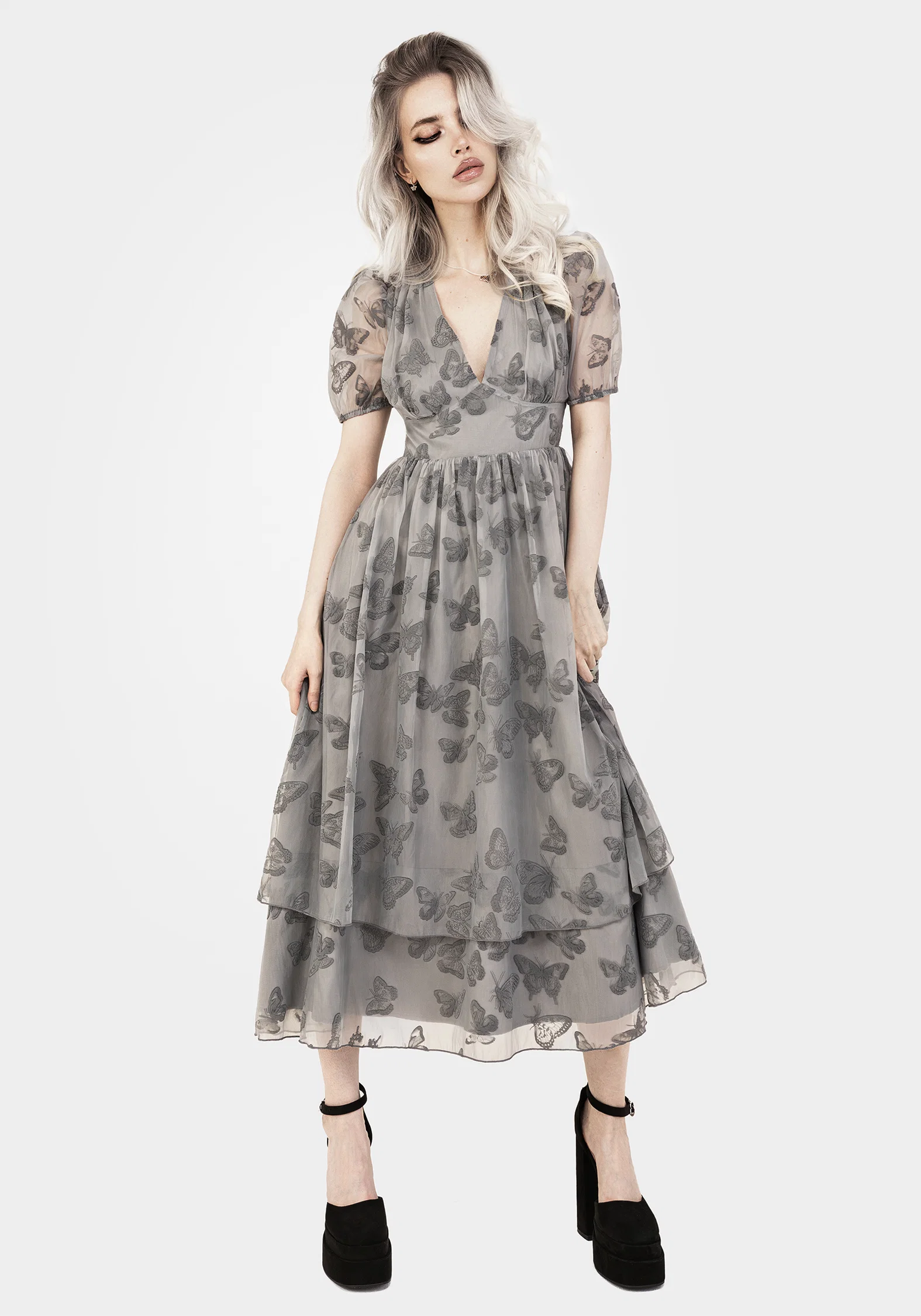Vanessa Butterfly Print Organza Puff Sleeve Midaxi Dress - Image 4