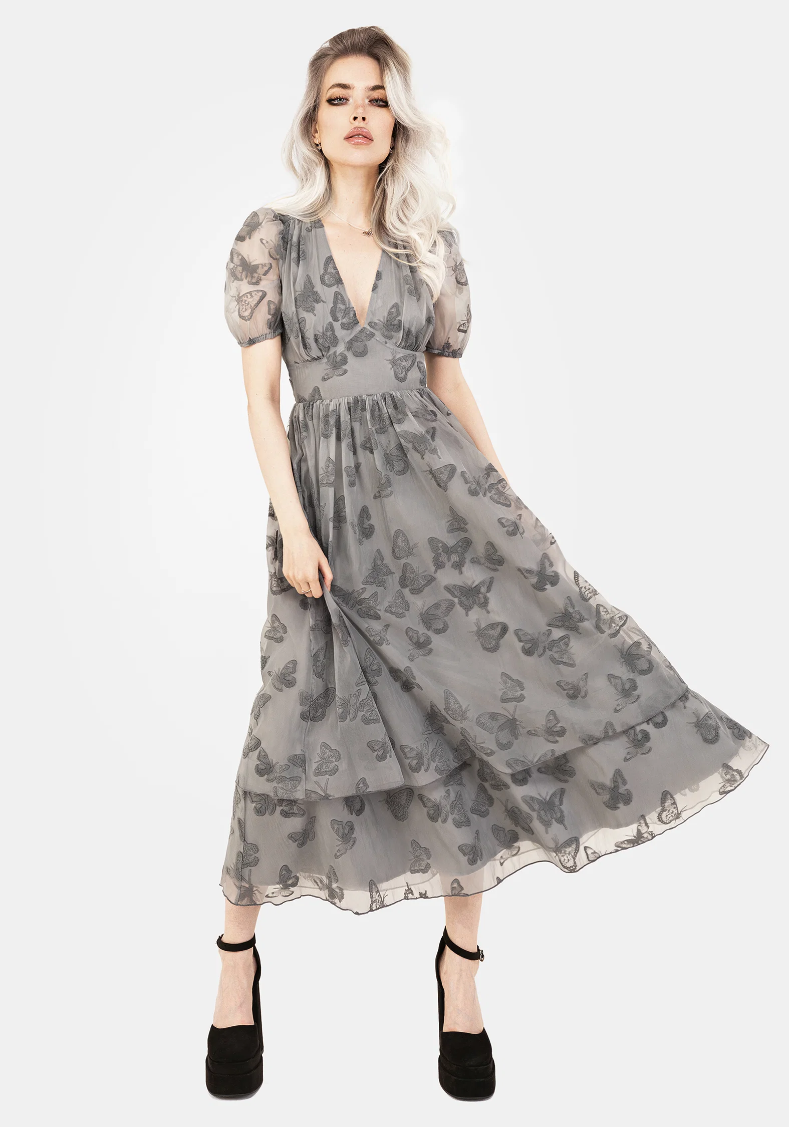 Vanessa Butterfly Print Organza Puff Sleeve Midaxi Dress - Image 6