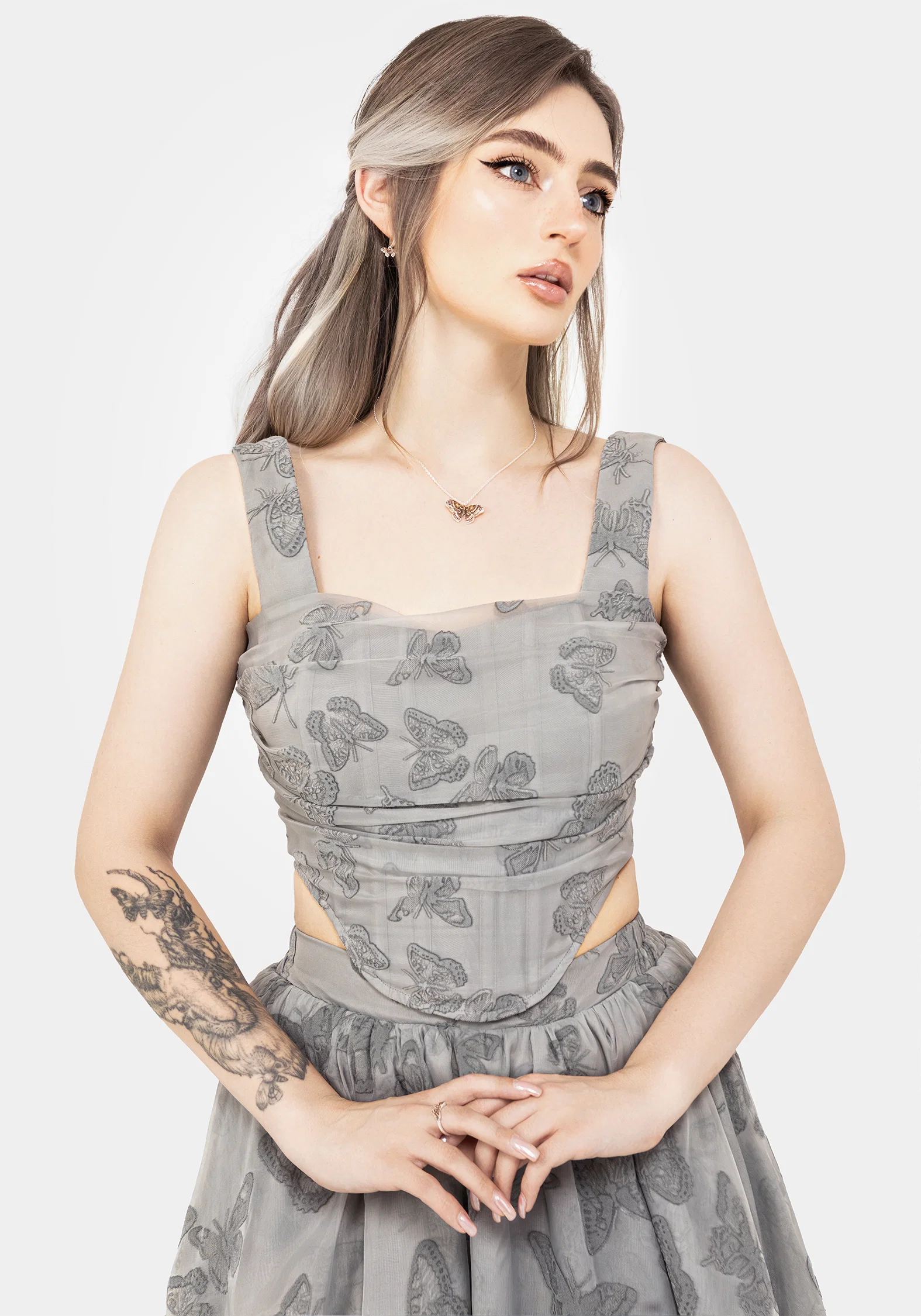 Vanessa Butterfly Print Organza Ruched Bodice Corset Top - Image 4