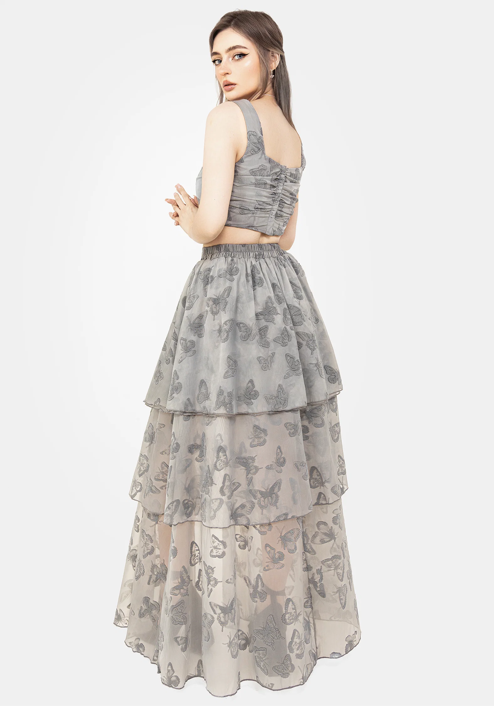 Vanessa Butterfly Print Organza Ruched Bodice Corset Top - Image 7