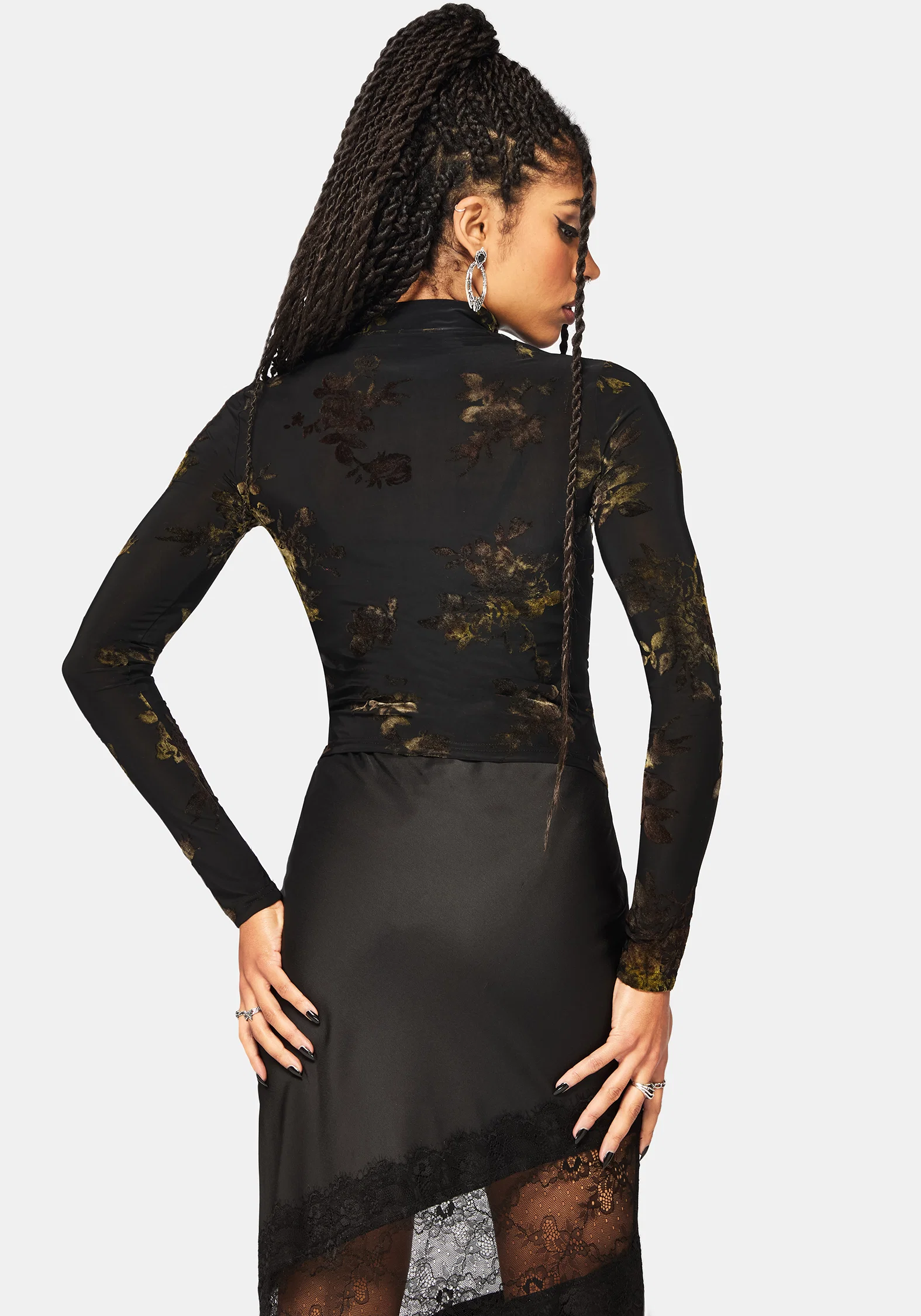 Velda Floral Flocked Ruche Side Mesh Top - Image 3