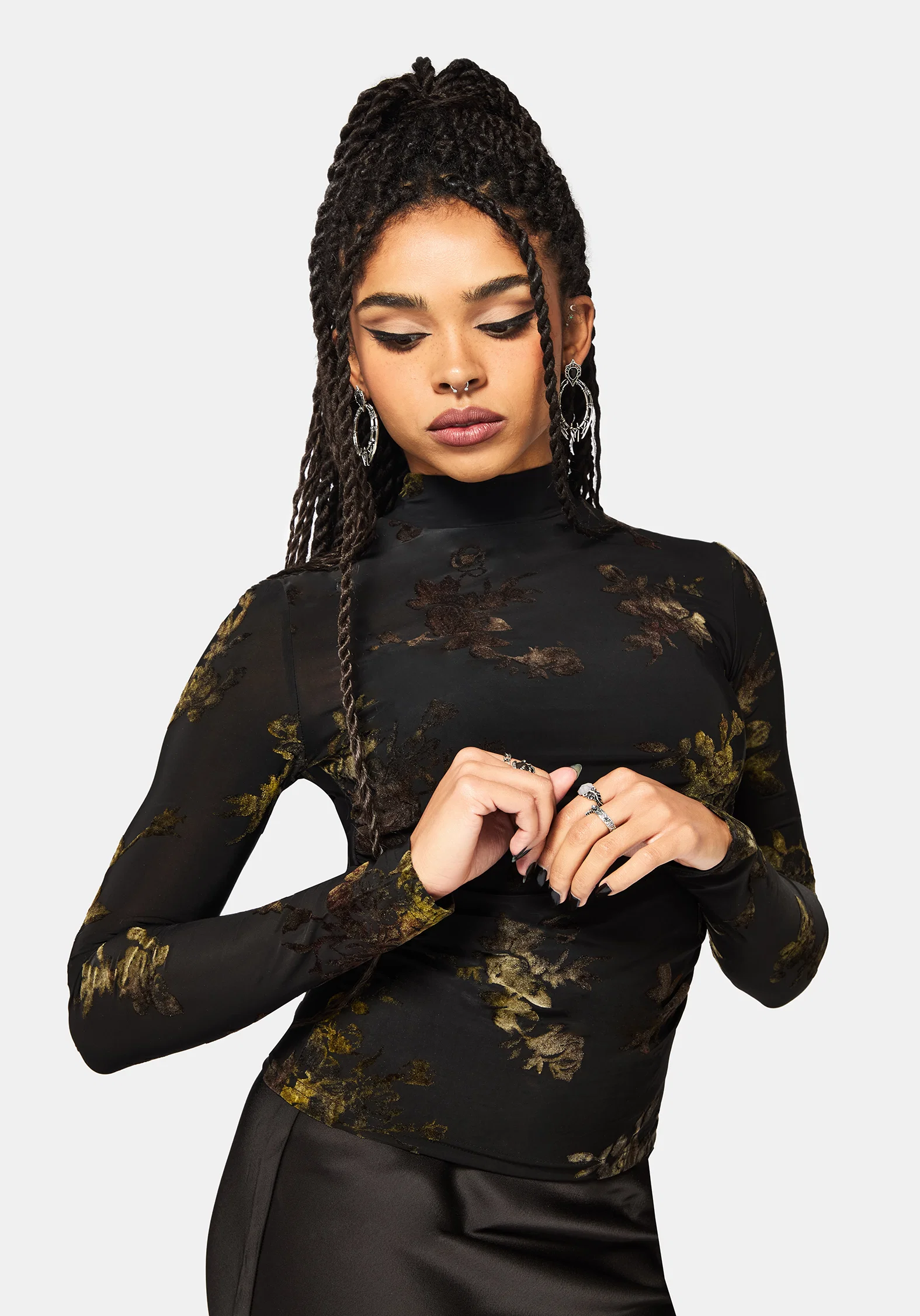 Velda Floral Flocked Ruche Side Mesh Top - Image 4