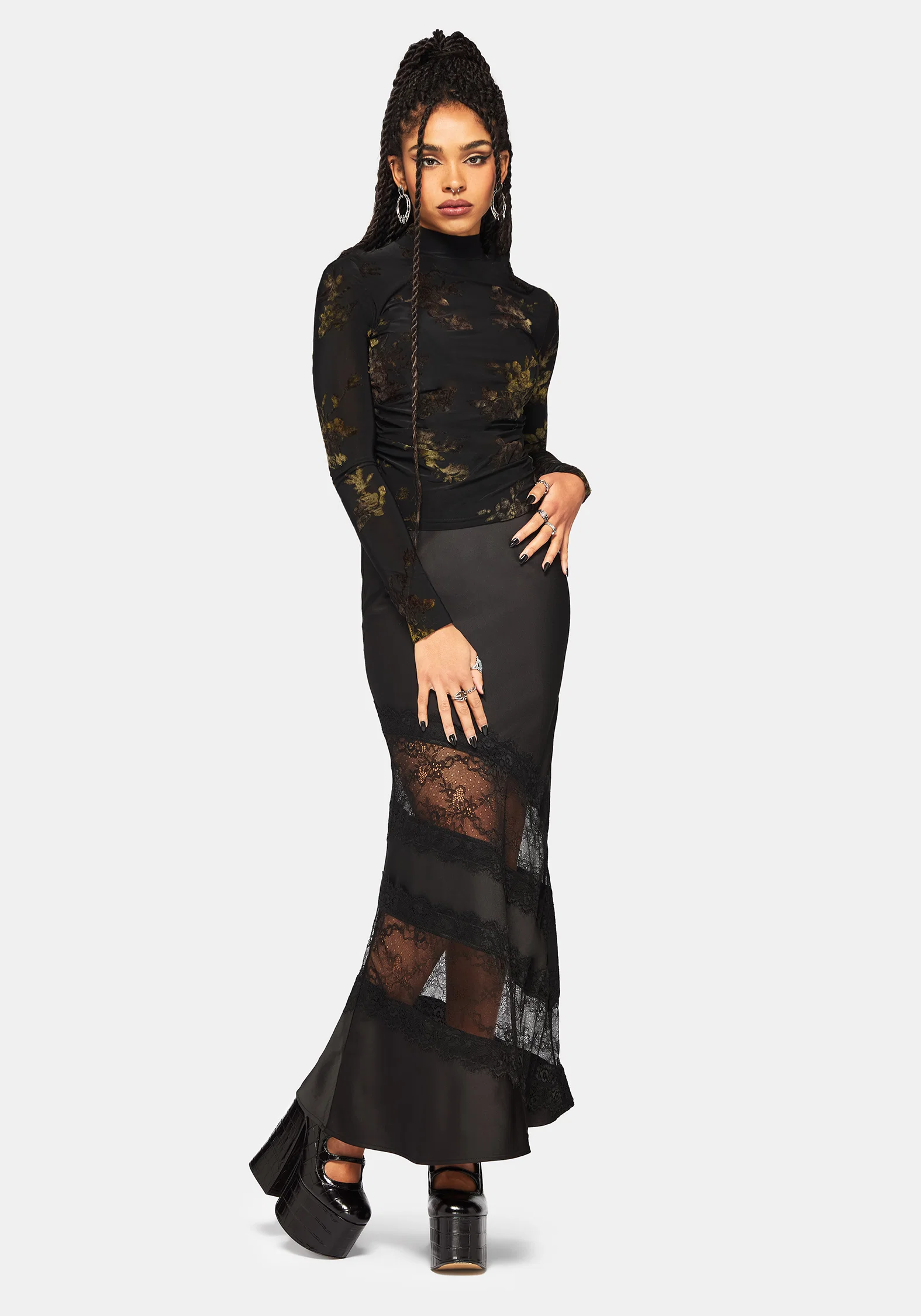 Velda Floral Flocked Ruche Side Mesh Top - Image 5