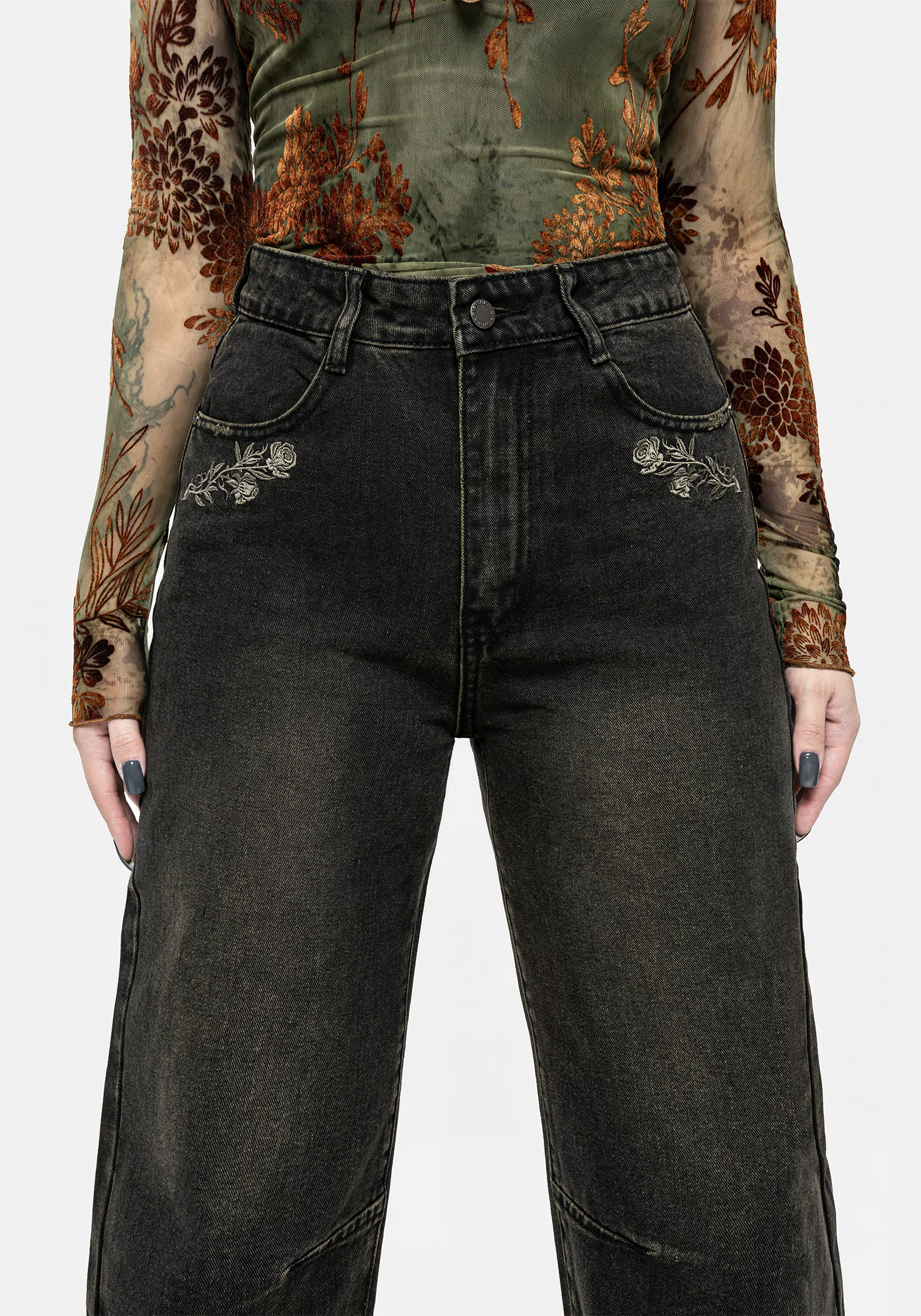 Veltha Floral Embroidered Denim Barrel Leg Jeans - Image 2
