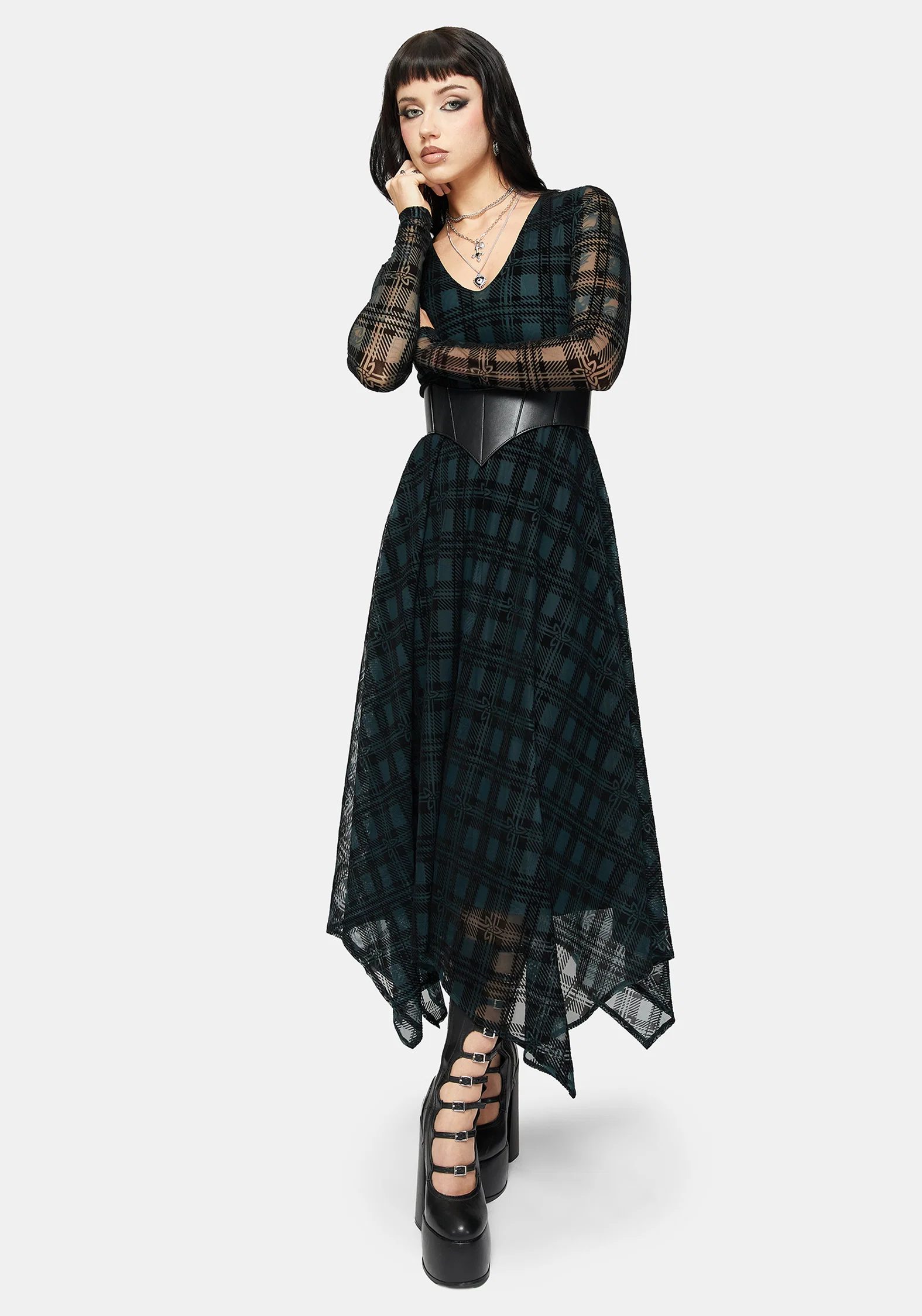 Vesica Flocked Witches Knot Hanky Hem Midi Dress - Image 6