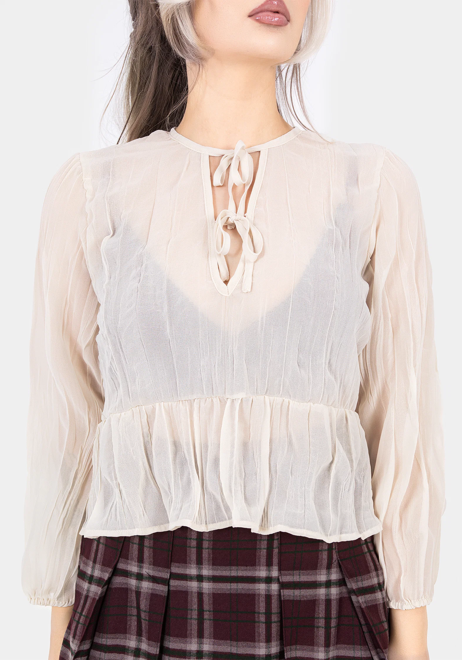 Villain Textured Tie Front Peplum Blouse - White - Image 2