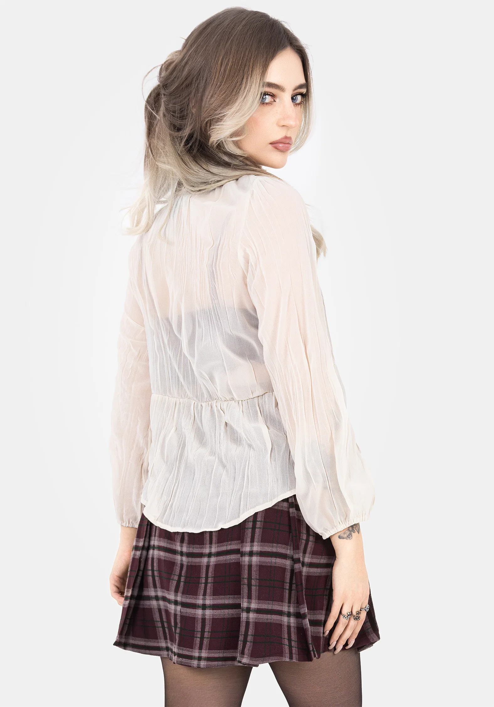 Villain Textured Tie Front Peplum Blouse - White - Image 3