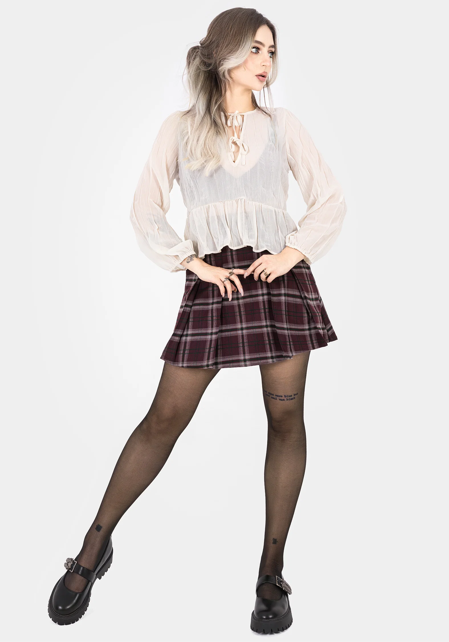 Villain Textured Tie Front Peplum Blouse - White - Image 4