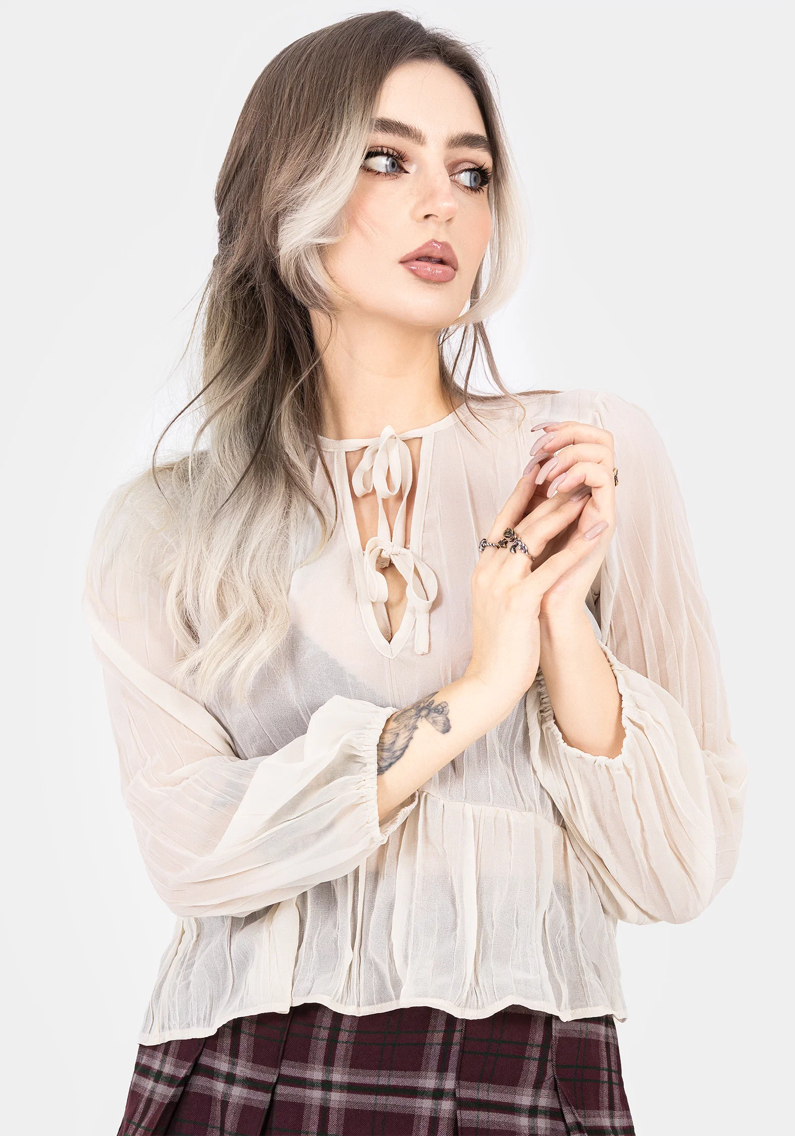 Villain Textured Tie Front Peplum Blouse - White - Image 5