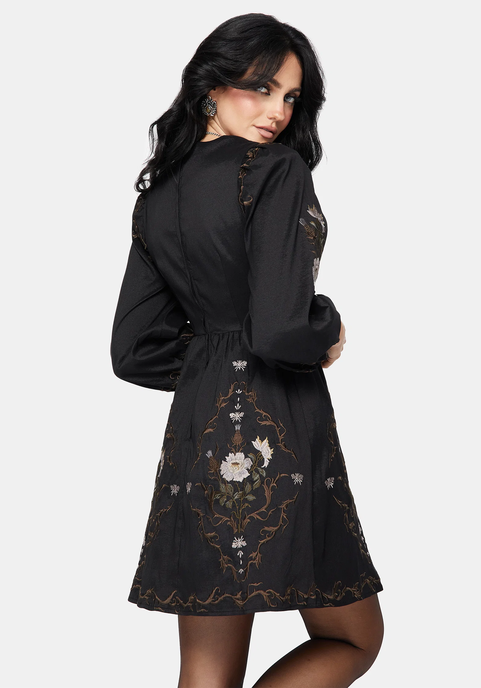 Vine Floral Embroidered Long Sleeve Mini Dress - Image 3
