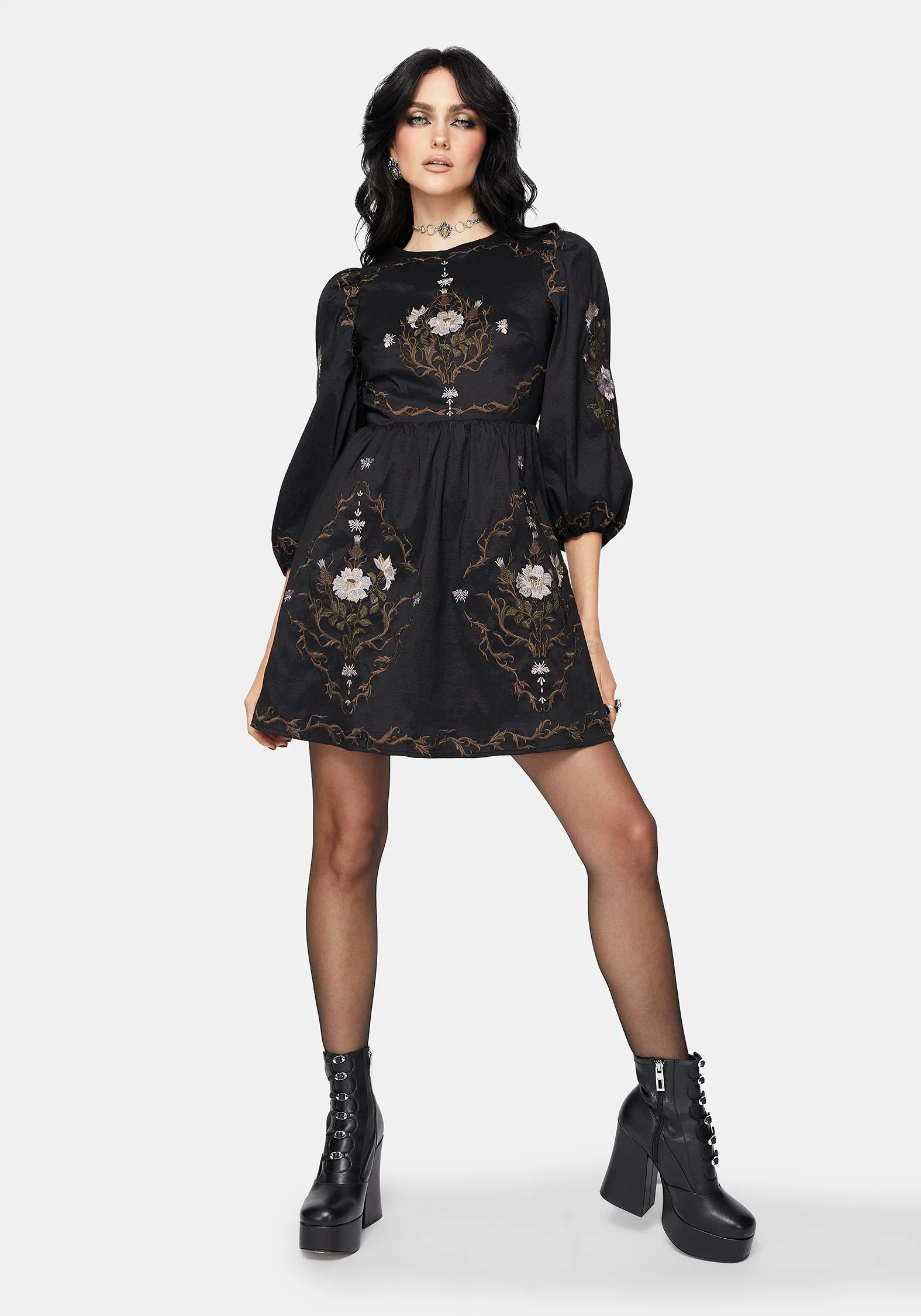 Vine Floral Embroidered Long Sleeve Mini Dress - Image 4