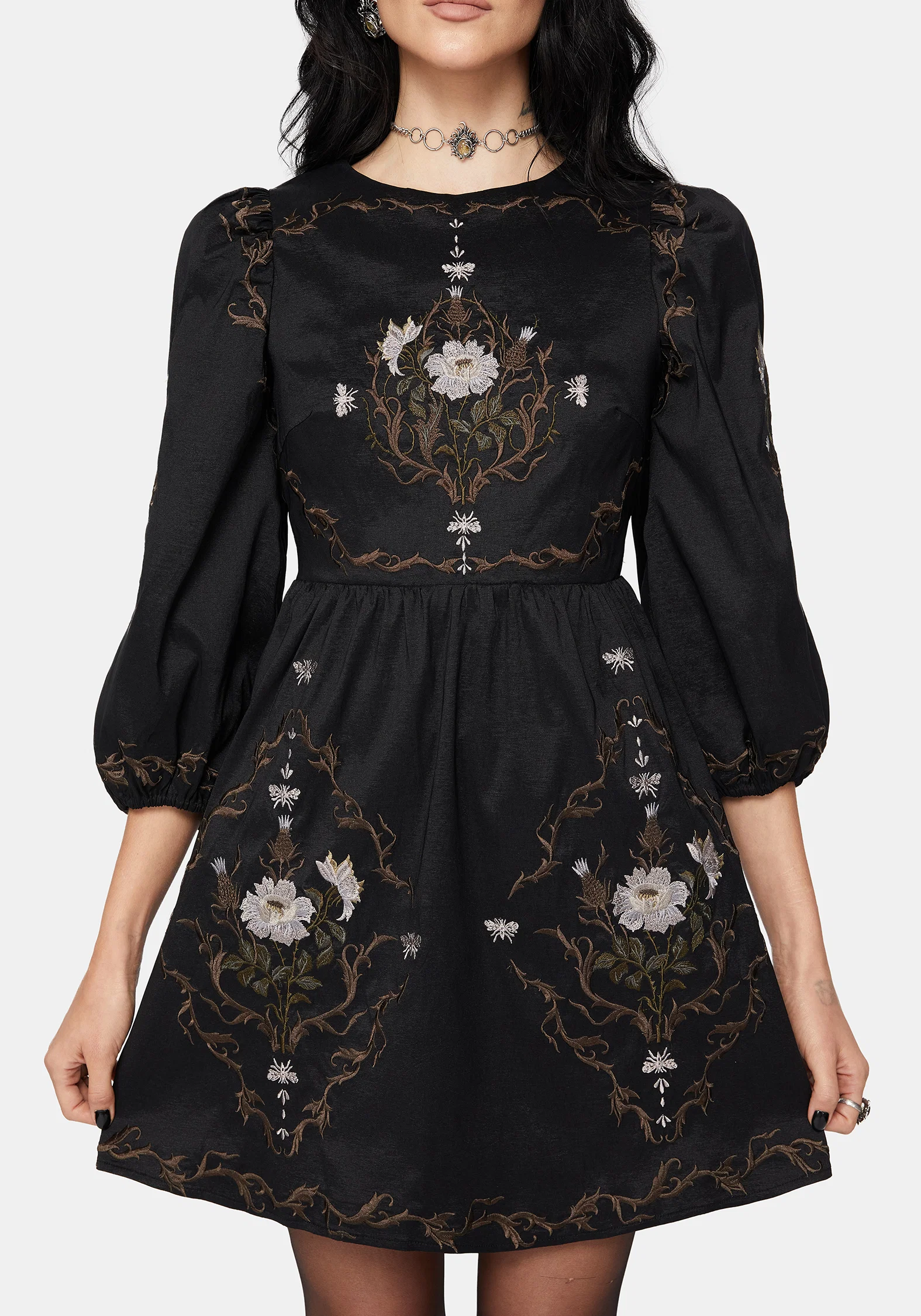 Vine Floral Embroidered Long Sleeve Mini Dress - Image 5