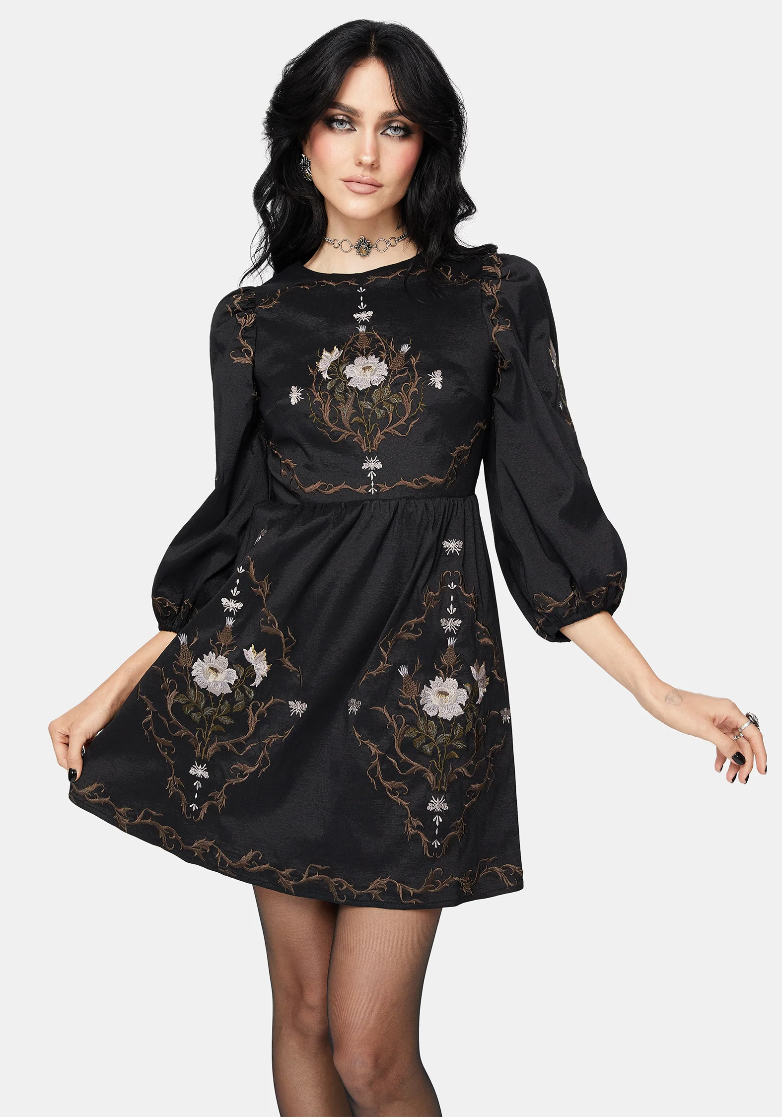 Vine Floral Embroidered Long Sleeve Mini Dress - Image 6