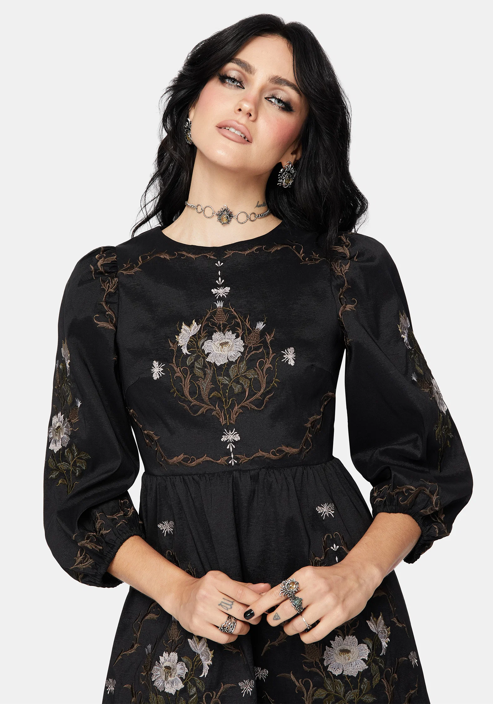 Vine Floral Embroidered Long Sleeve Mini Dress - Image 7