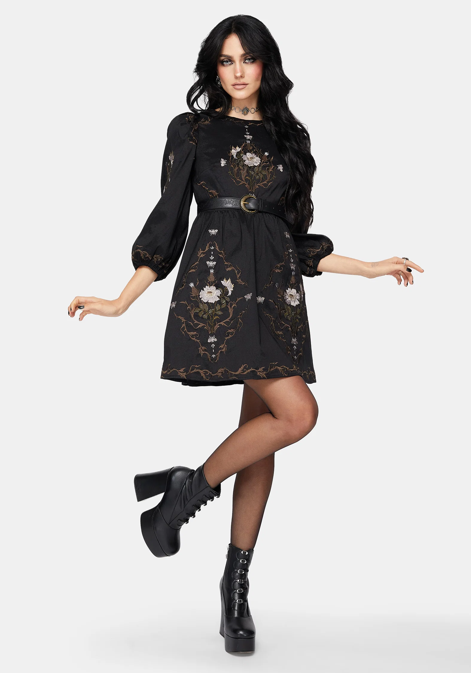 Vine Floral Embroidered Long Sleeve Mini Dress - Image 8