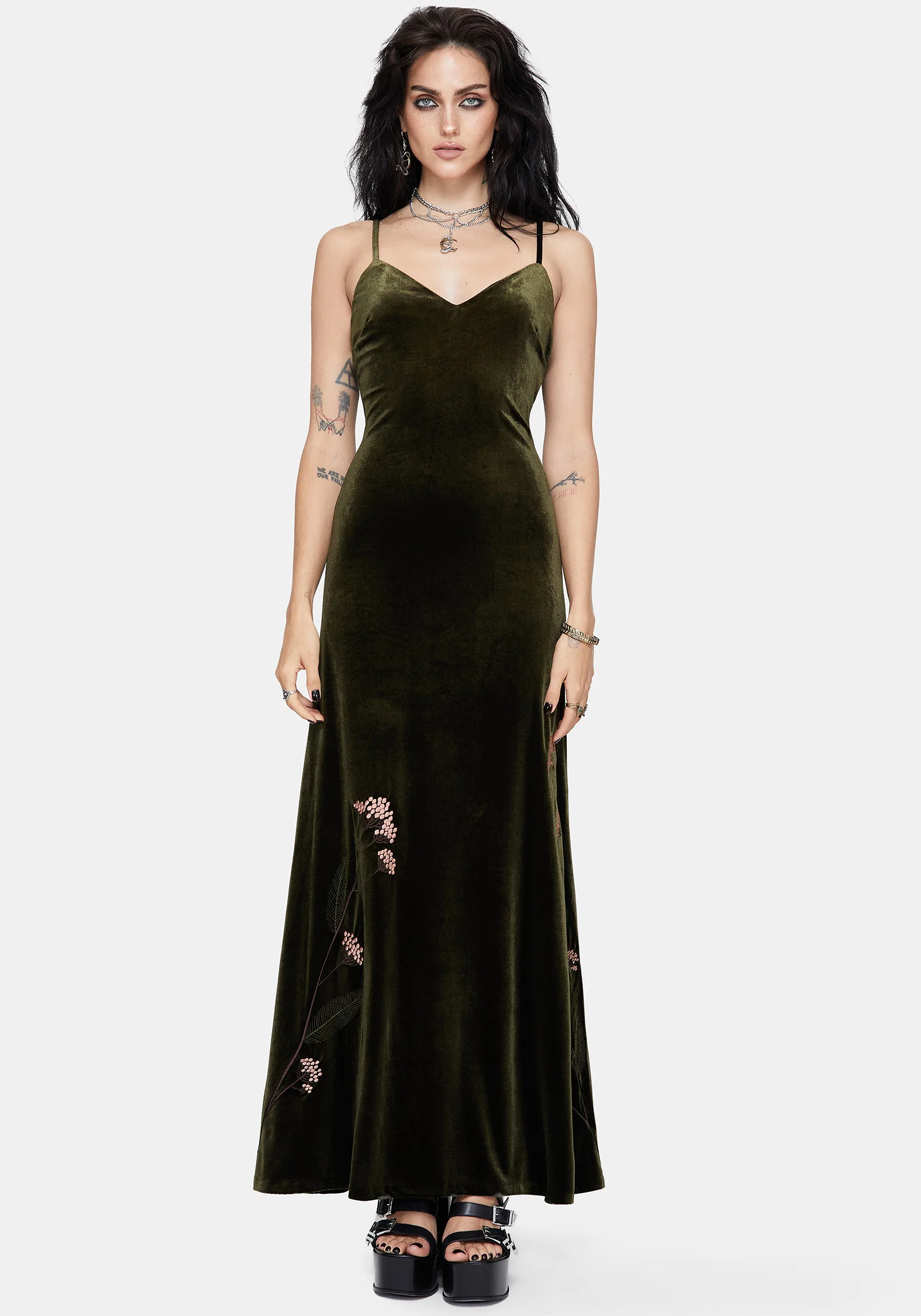Virosa Floral Embroidered Velour Gown - Green - Image 4