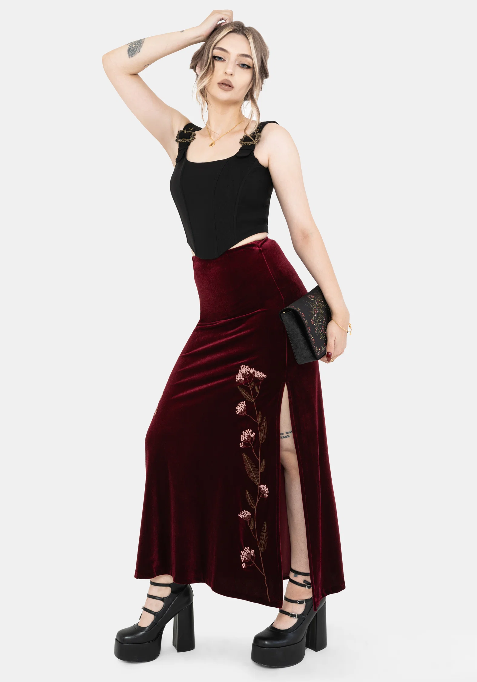Virosa Floral Embroidered Velour Maxi Skirt - Image 4