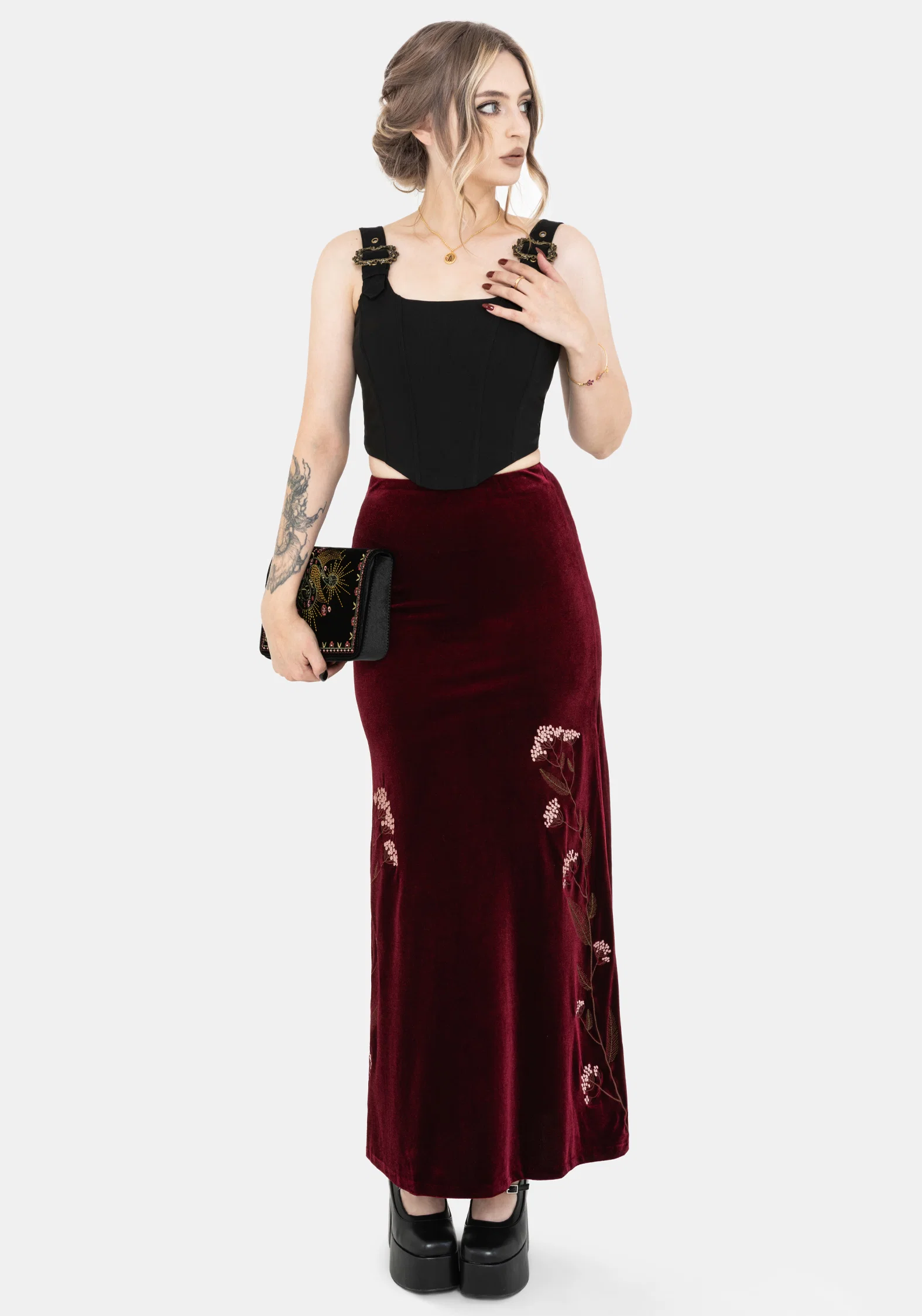 Virosa Floral Embroidered Velour Maxi Skirt - Image 5