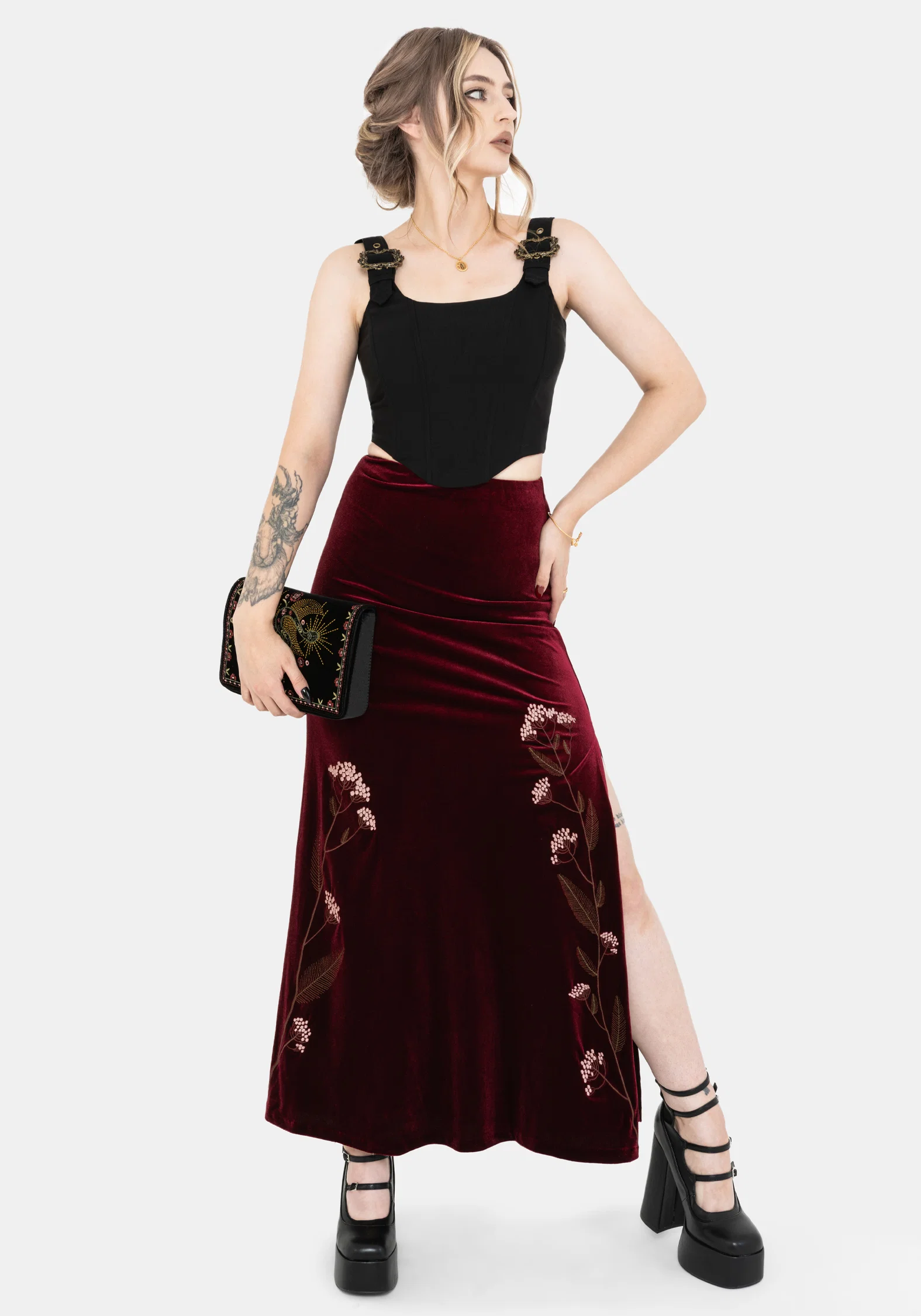 Virosa Floral Embroidered Velour Maxi Skirt - Image 6