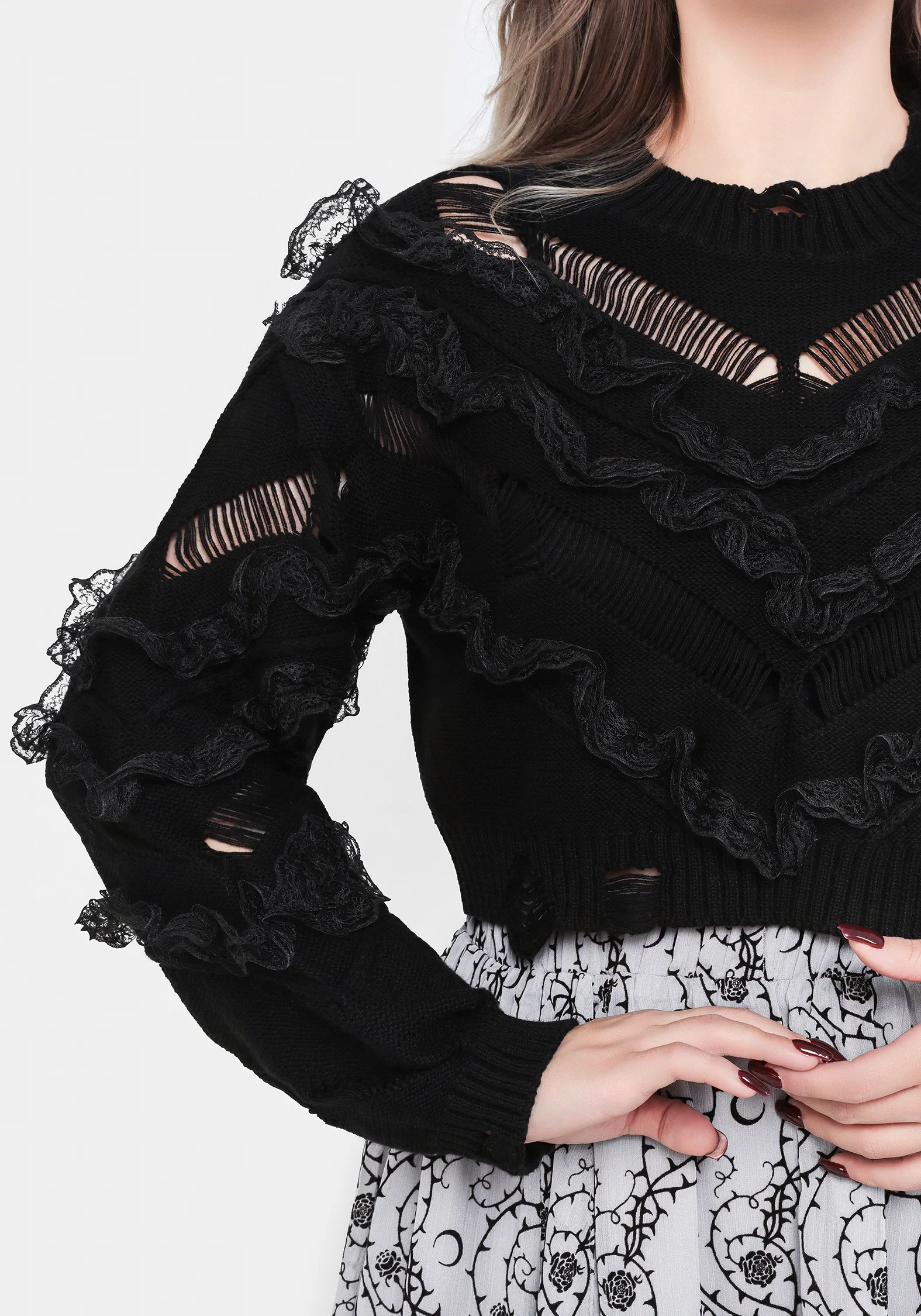 Volla Lace Ruffle Distressed Knit Crop Jumper - Image 2