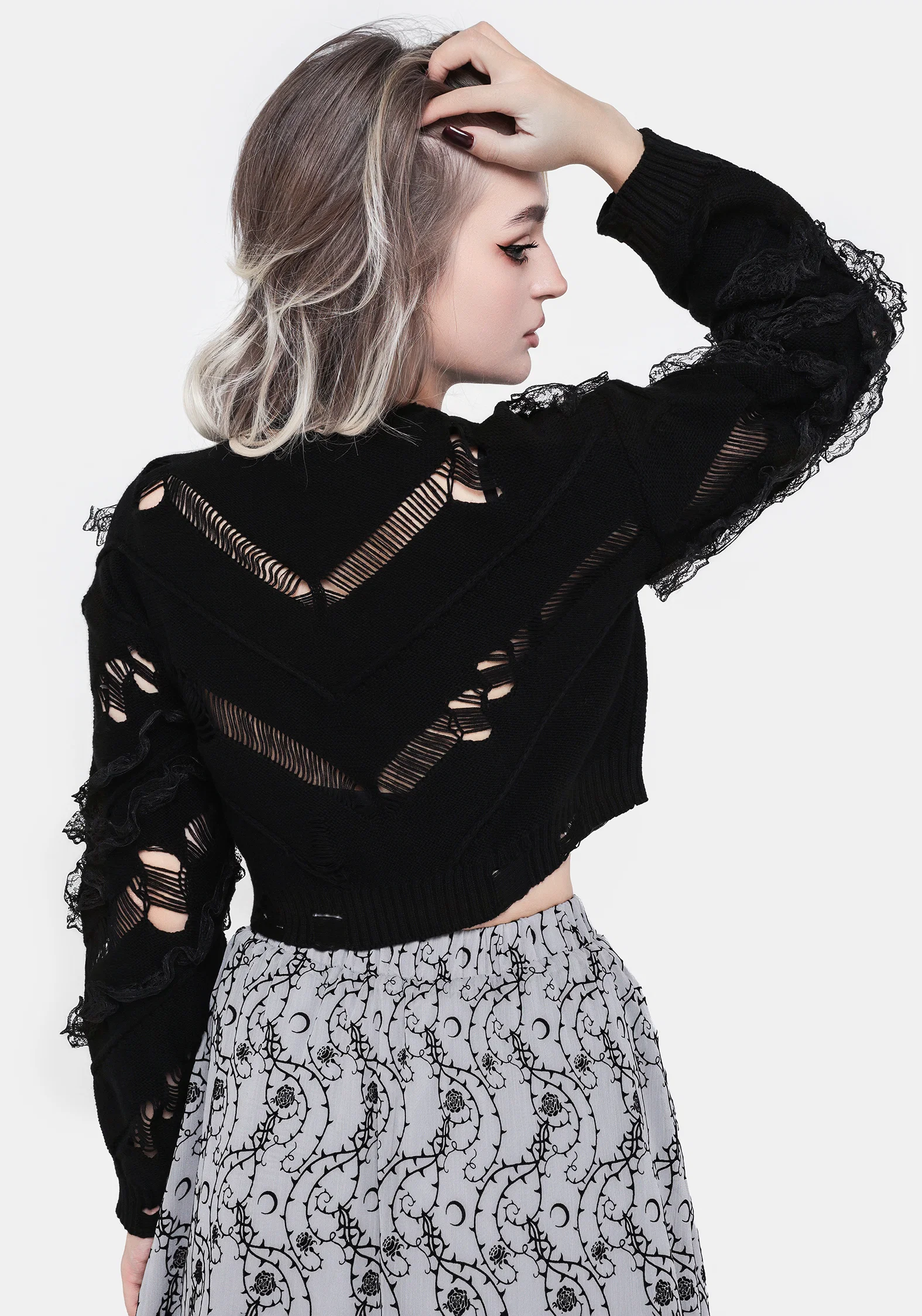 Volla Lace Ruffle Distressed Knit Crop Jumper - Image 3