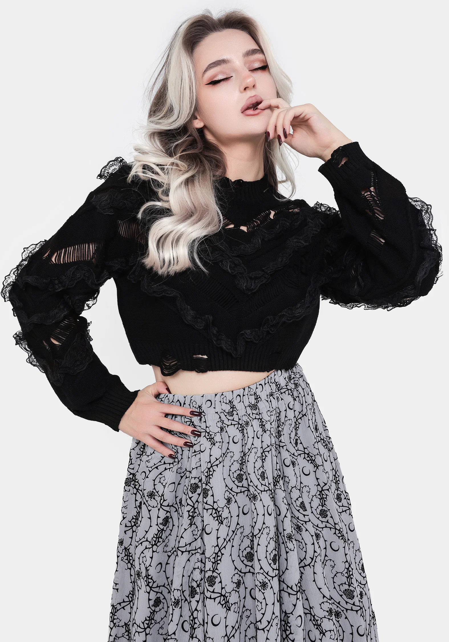 Volla Lace Ruffle Distressed Knit Crop Jumper - Image 5