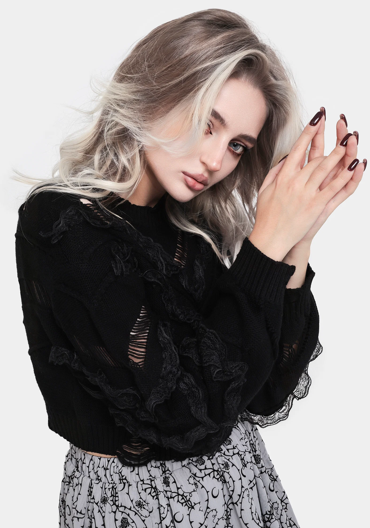 Volla Lace Ruffle Distressed Knit Crop Jumper - Image 7