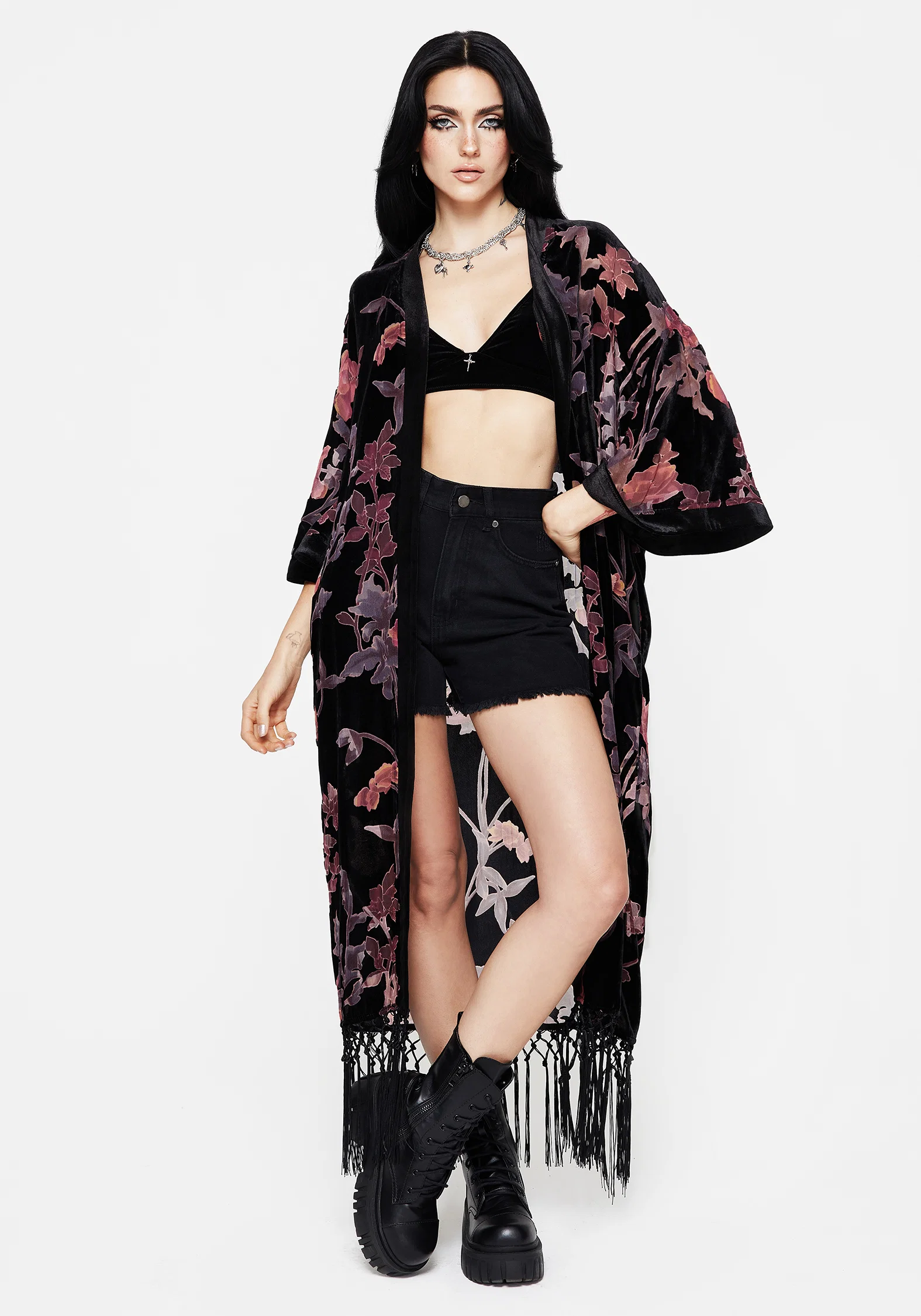 Waterlily Burnout Fringe Trim Longline Kimono - Image 4