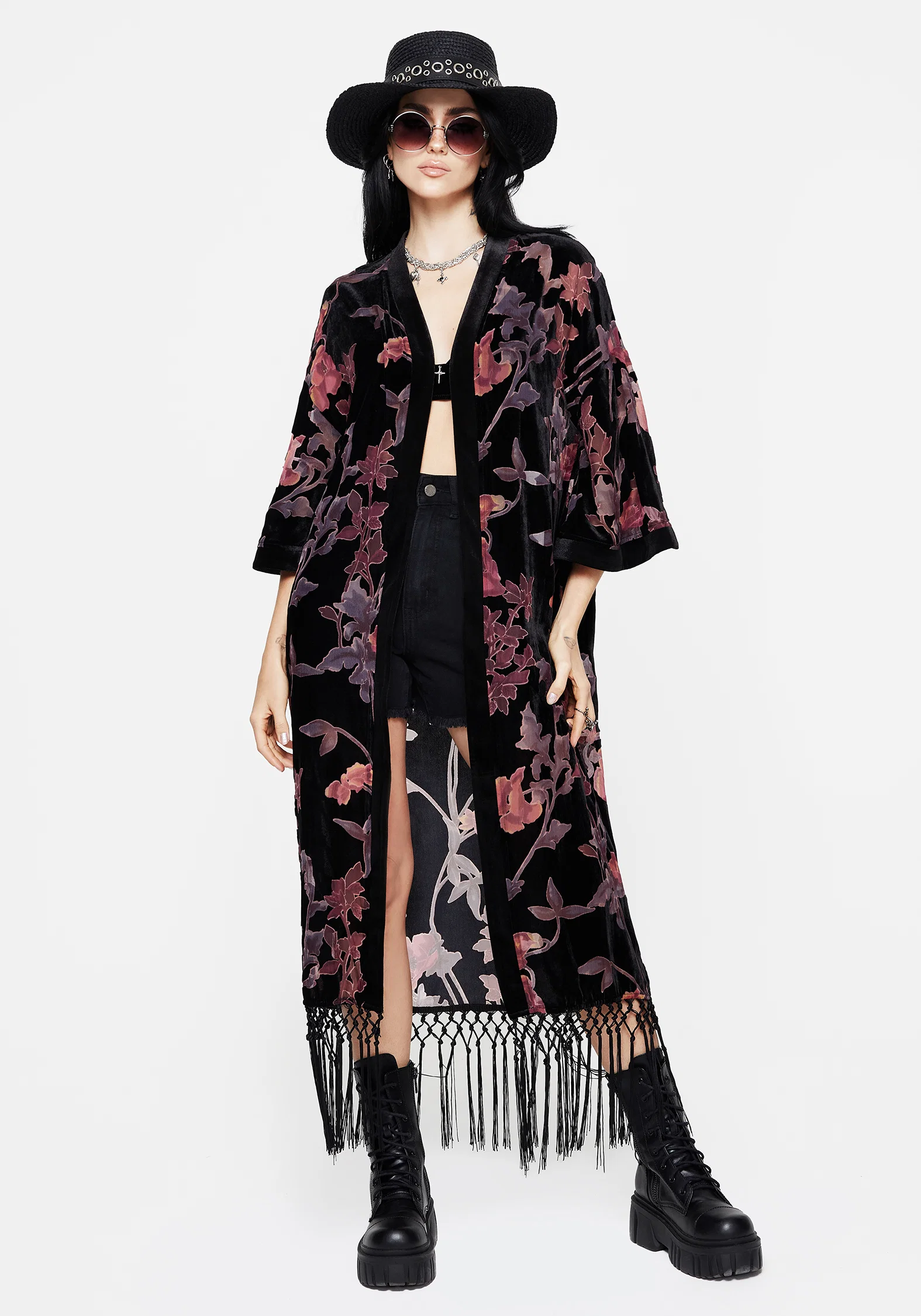 Waterlily Burnout Fringe Trim Longline Kimono - Image 7