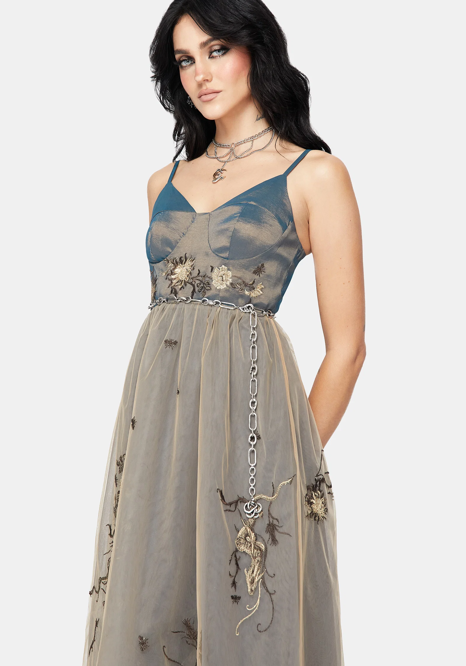 Whim Dragon Embroidered Tulle Midaxi Dress - Image 4