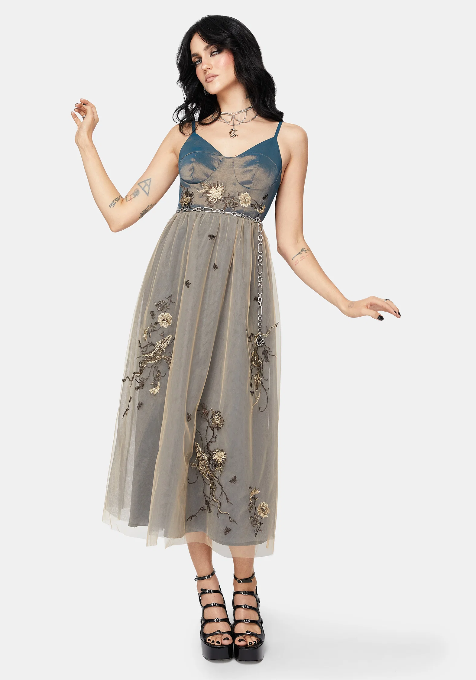 Whim Dragon Embroidered Tulle Midaxi Dress - Image 5