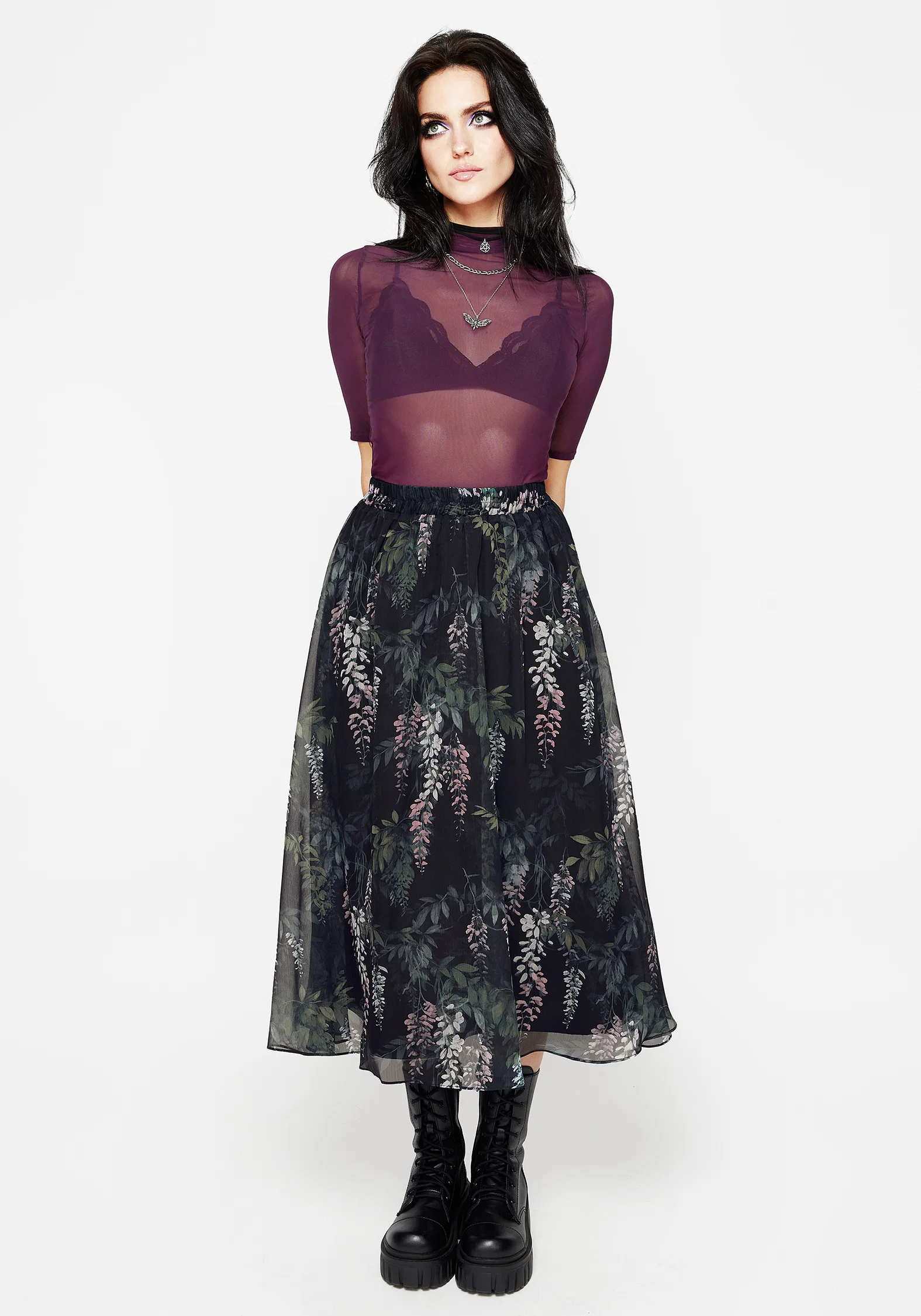 Wisteria Floral Print Chiffon Midi Skirt - Image 3