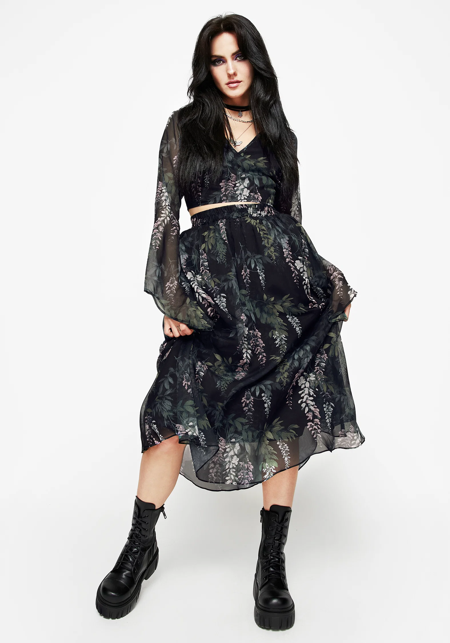 Wisteria Floral Print Chiffon Midi Skirt - Image 4