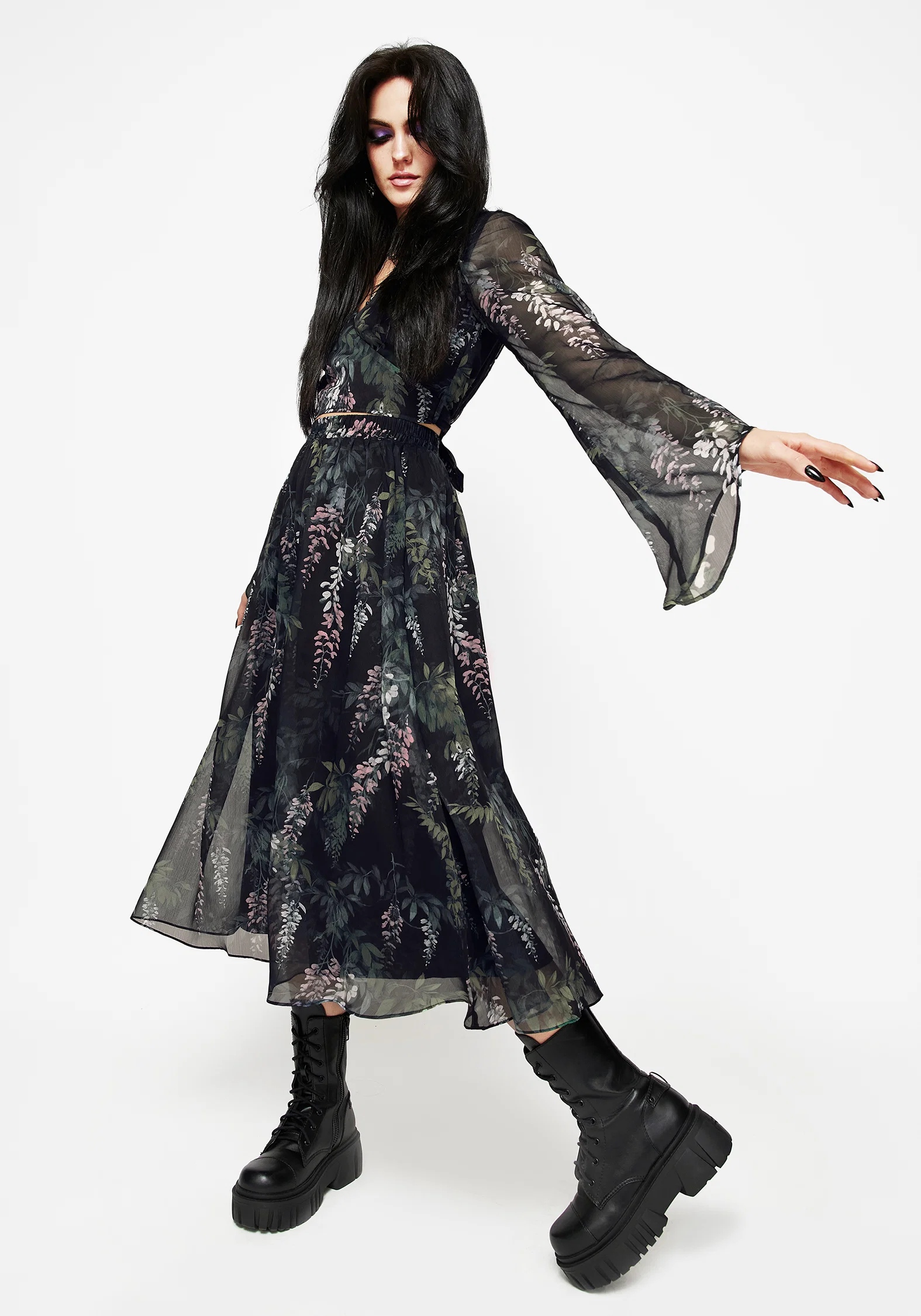 Wisteria Floral Print Chiffon Midi Skirt - Image 5