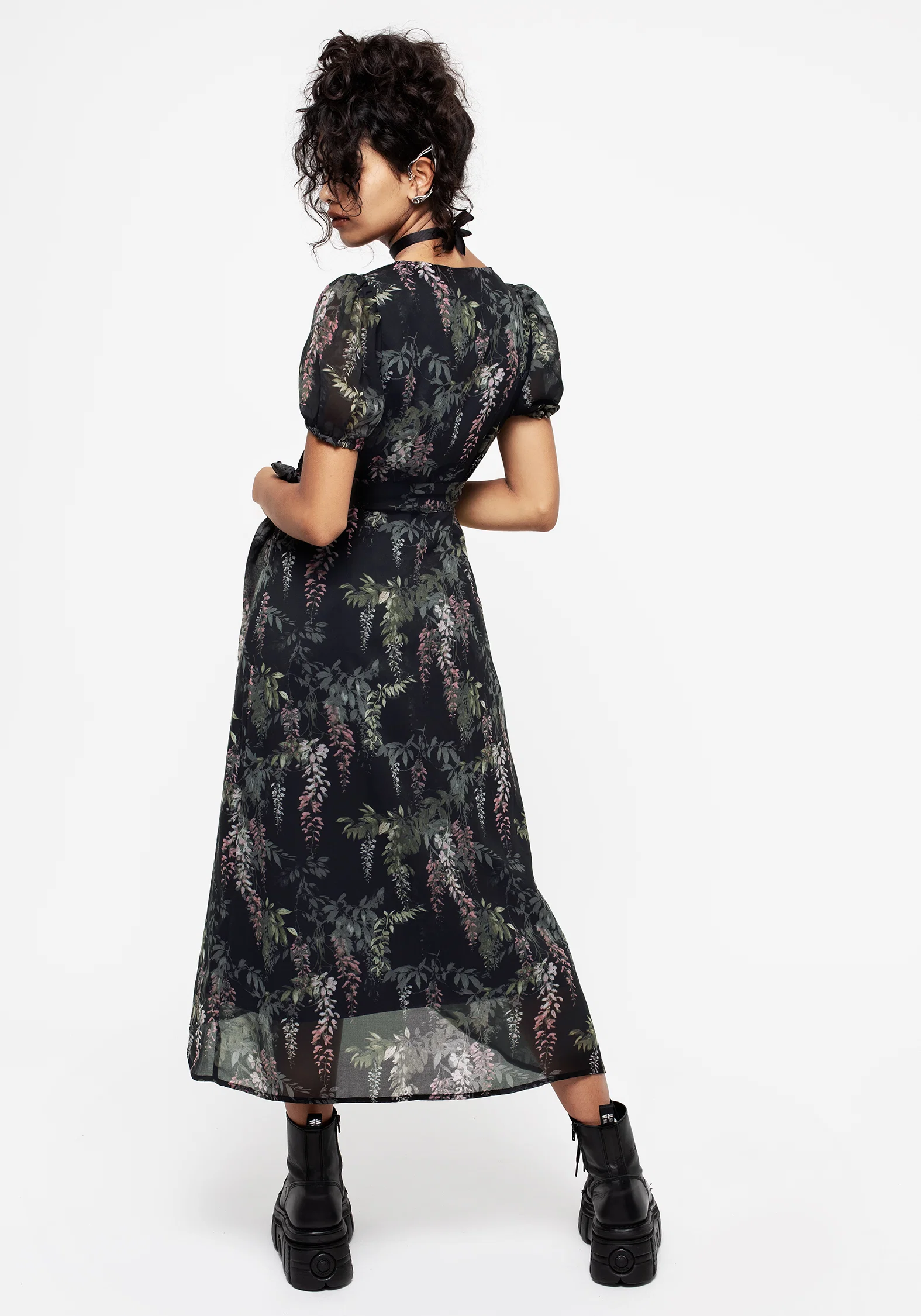 Wisteria Floral Print Chiffon Midi Wrap Dress - Image 2