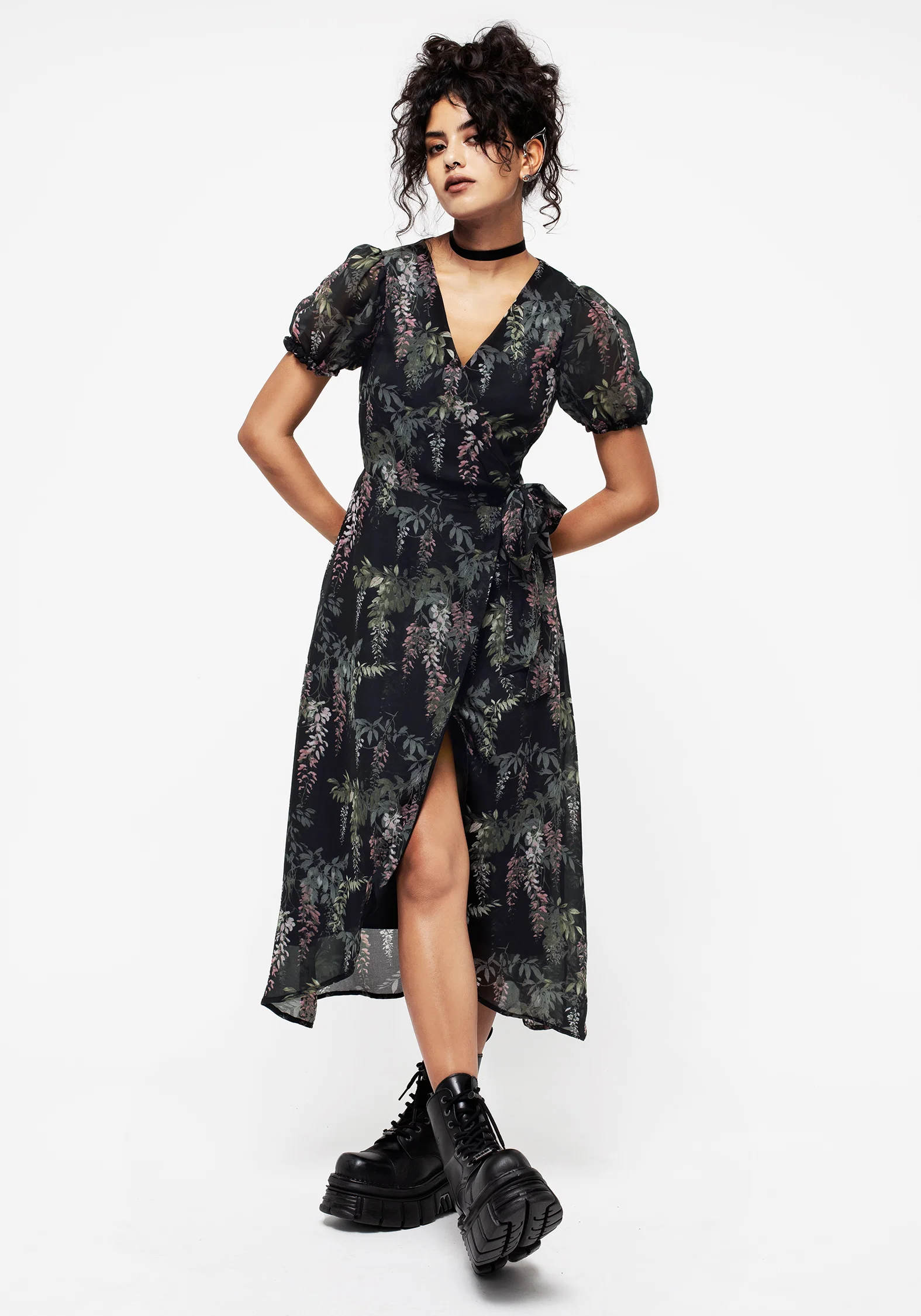 Wisteria Floral Print Chiffon Midi Wrap Dress - Image 3