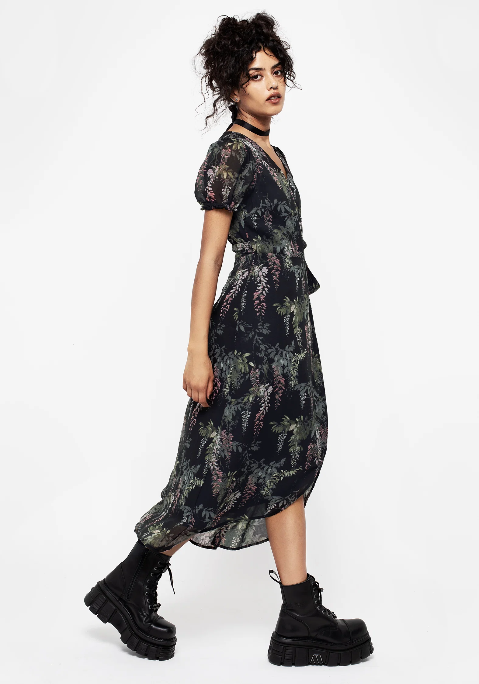 Wisteria Floral Print Chiffon Midi Wrap Dress - Image 4
