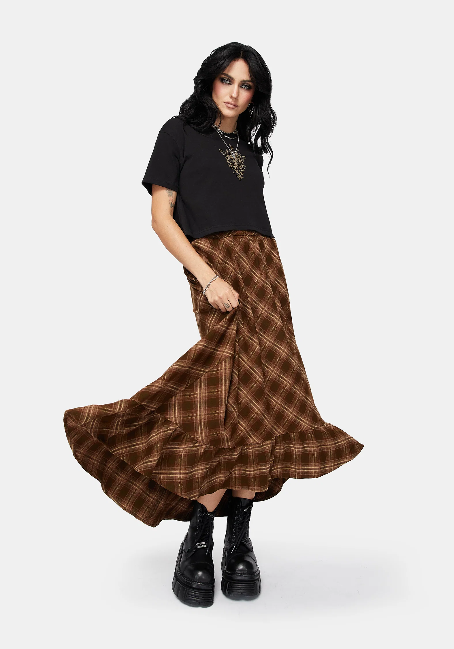 Wrenna Ruffle Hem Check Midaxi Skirt - Image 6