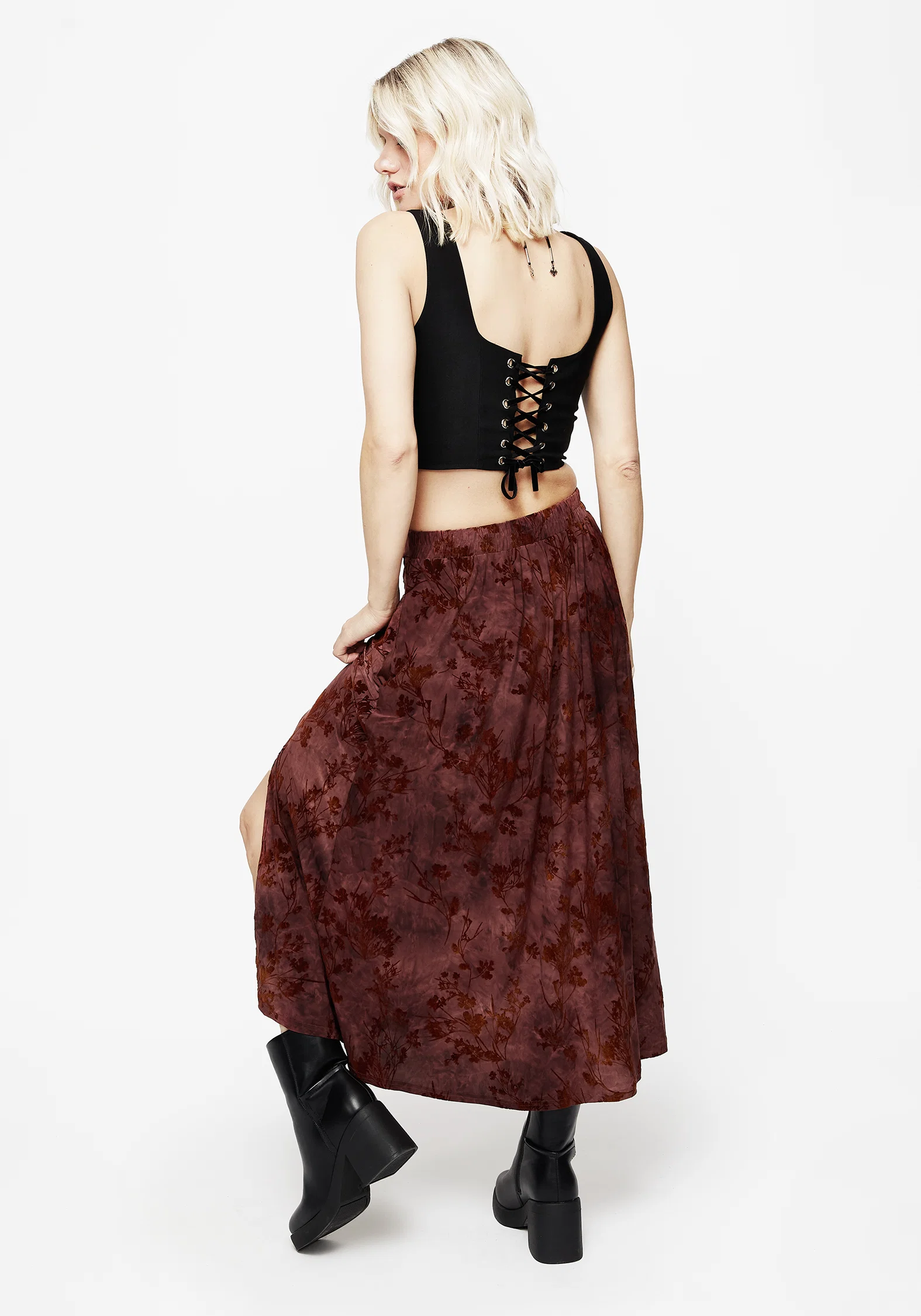 Wytchelm Floral Flocked Velour Midaxi Skirt - Red - Image 3