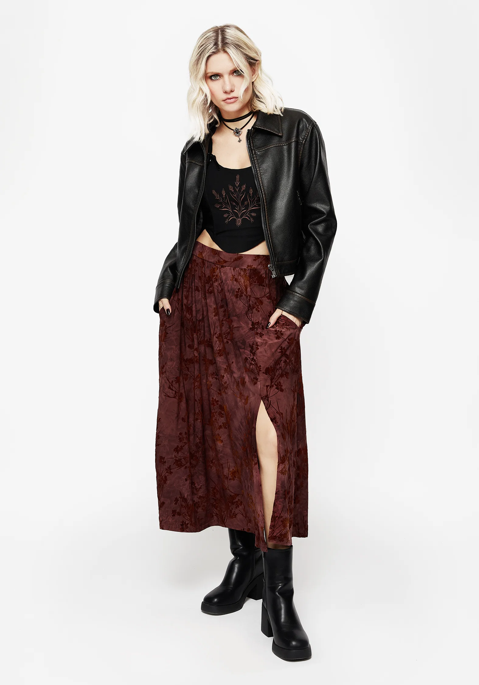 Wytchelm Floral Flocked Velour Midaxi Skirt - Red - Image 5