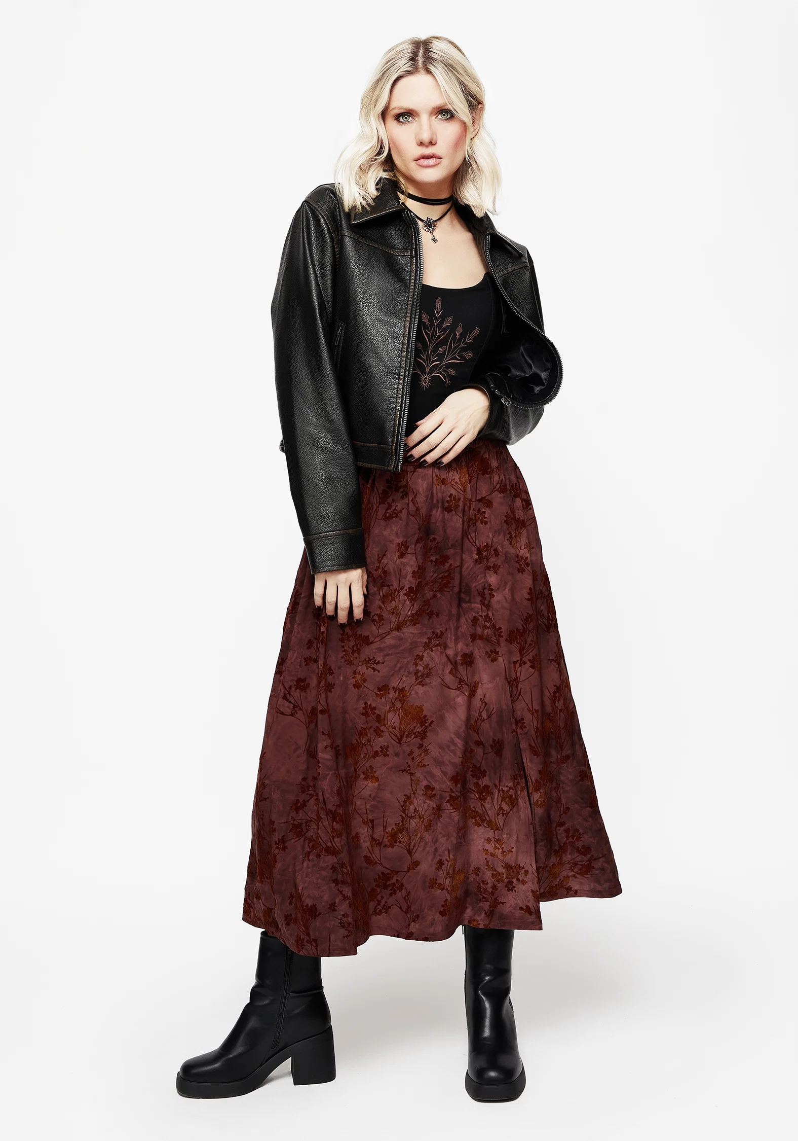 Wytchelm Floral Flocked Velour Midaxi Skirt - Red - Image 6